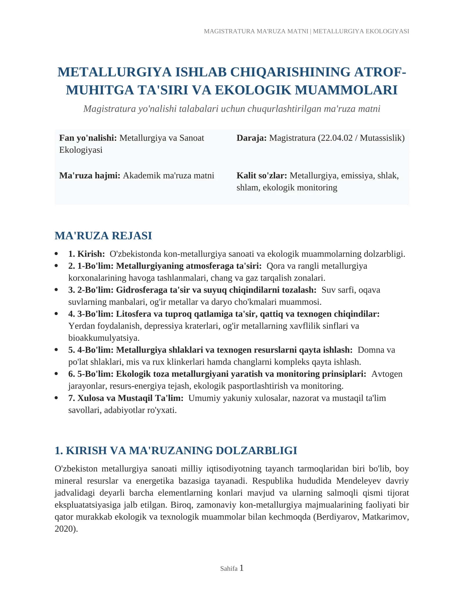MAGISTRATURA MA'RUZA MATNI | METALLURGIYA EKOLOGIYASI 1