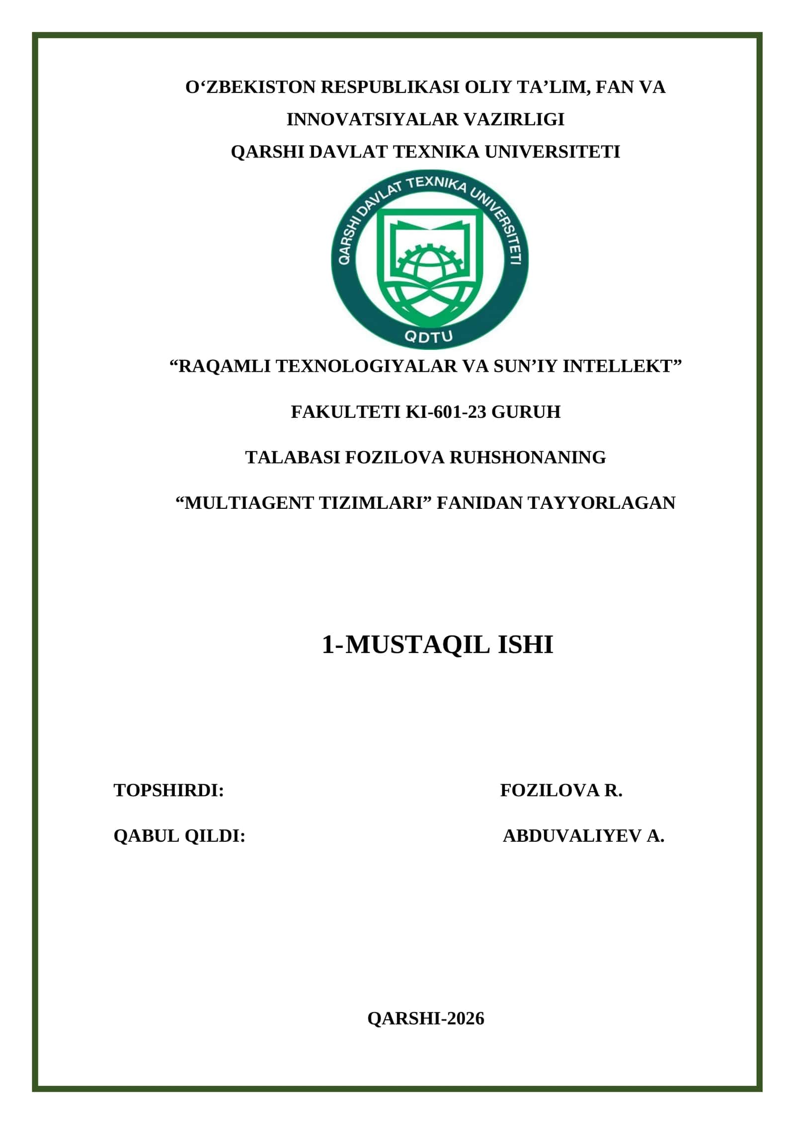Multiagent tizimlari muammolari va ularning yechimlari 1