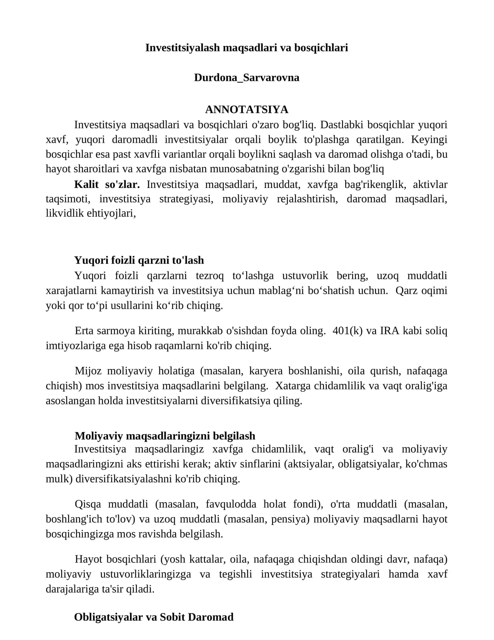 Investitsiyalash maqsadlari va bosqichlari 1