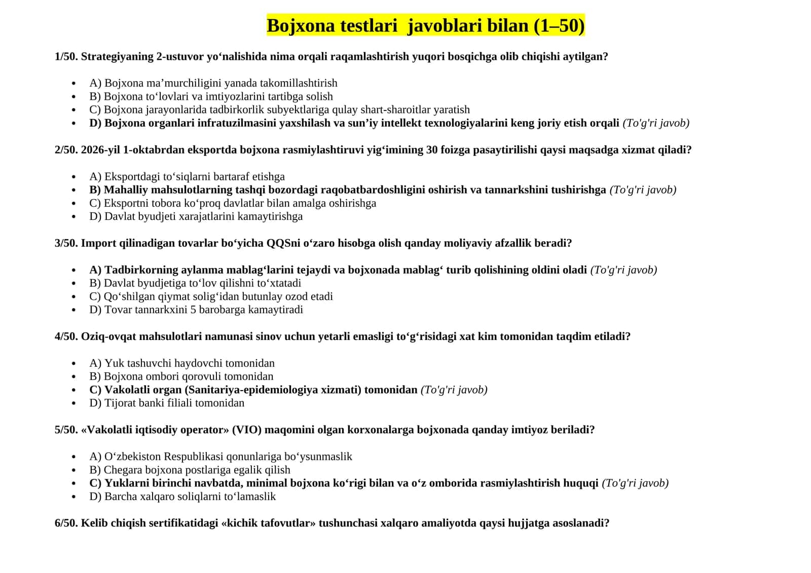 Bojxona testlari javoblari bilan (1–50) 1