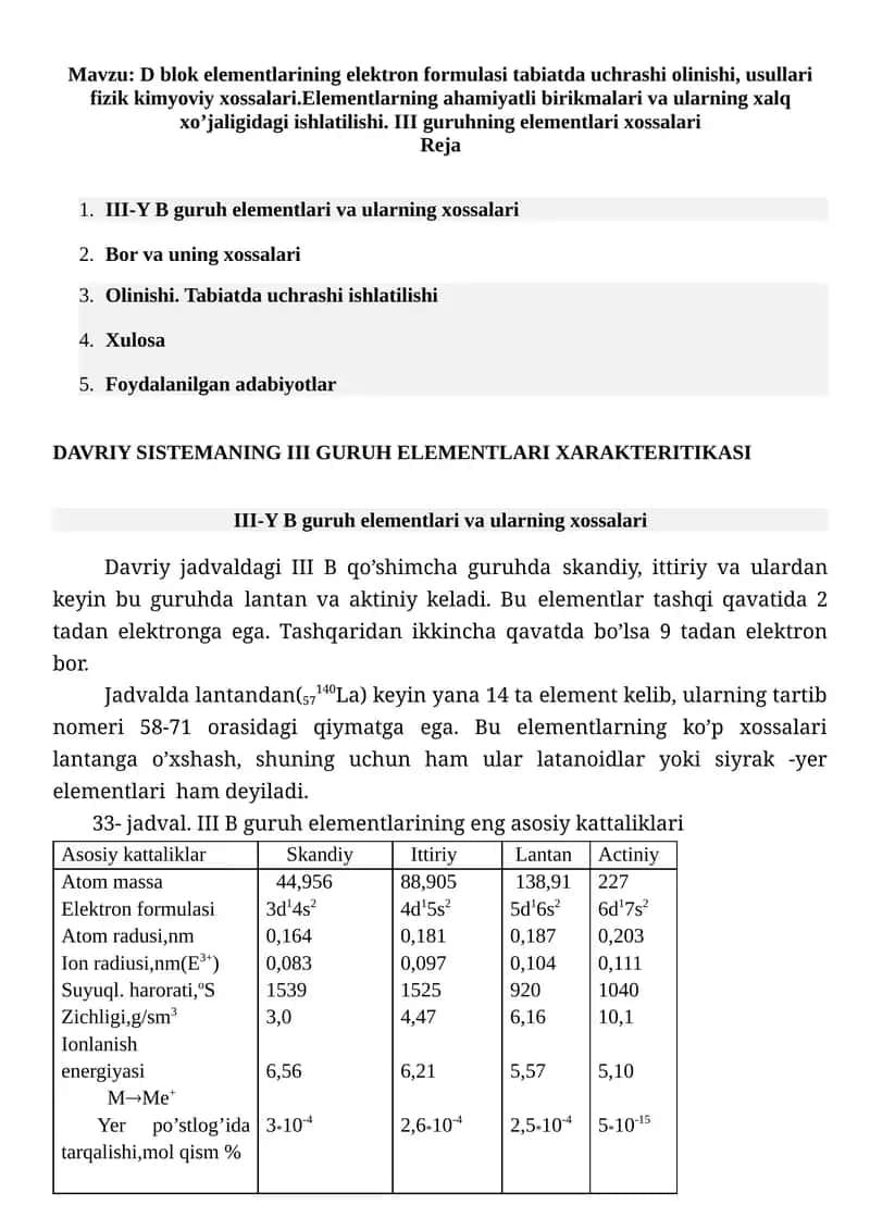 III-Y B guruh elementlari va ularning xossalari 1