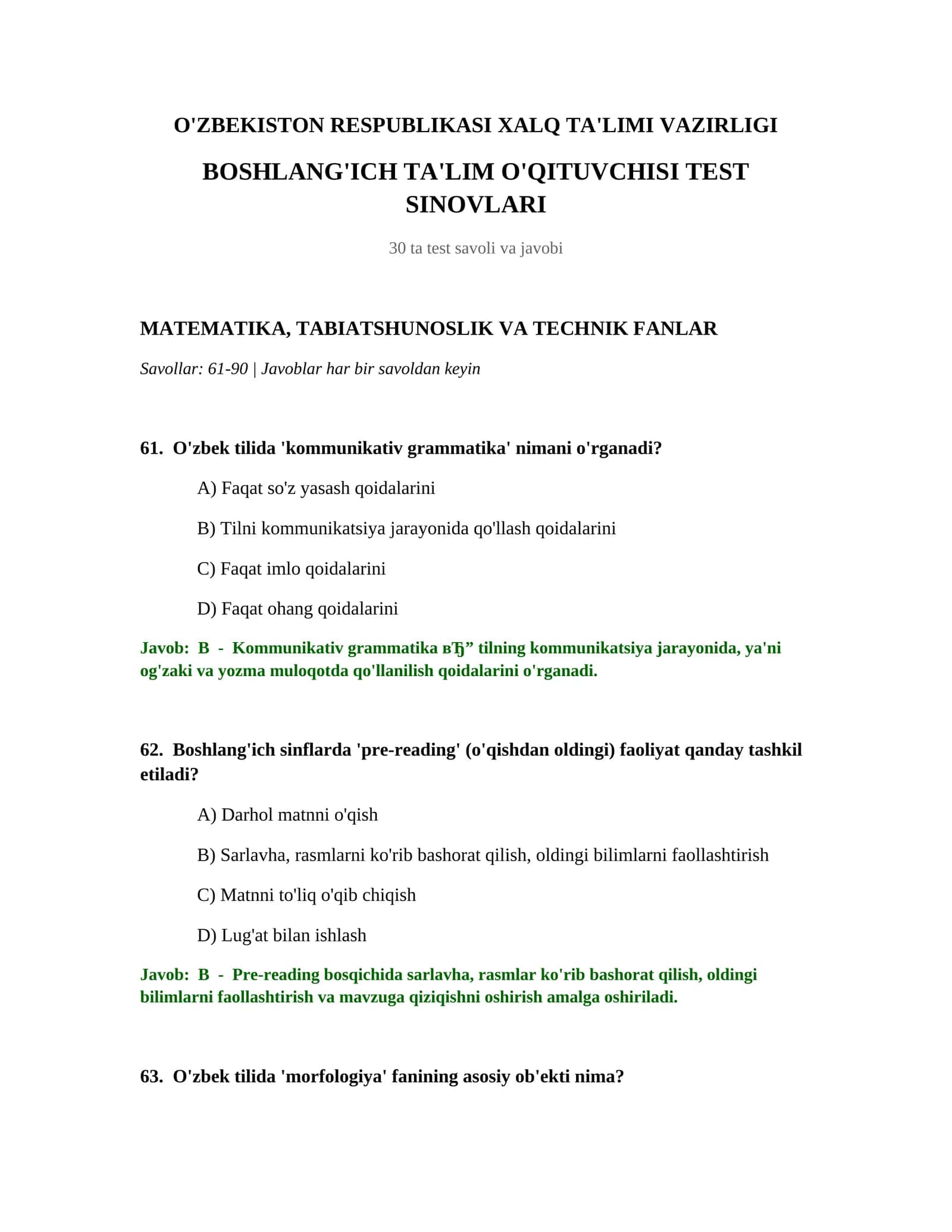 BOSHLANG'ICH TA'LIM O'QITUVCHISI TEST SINOVLARI 1
