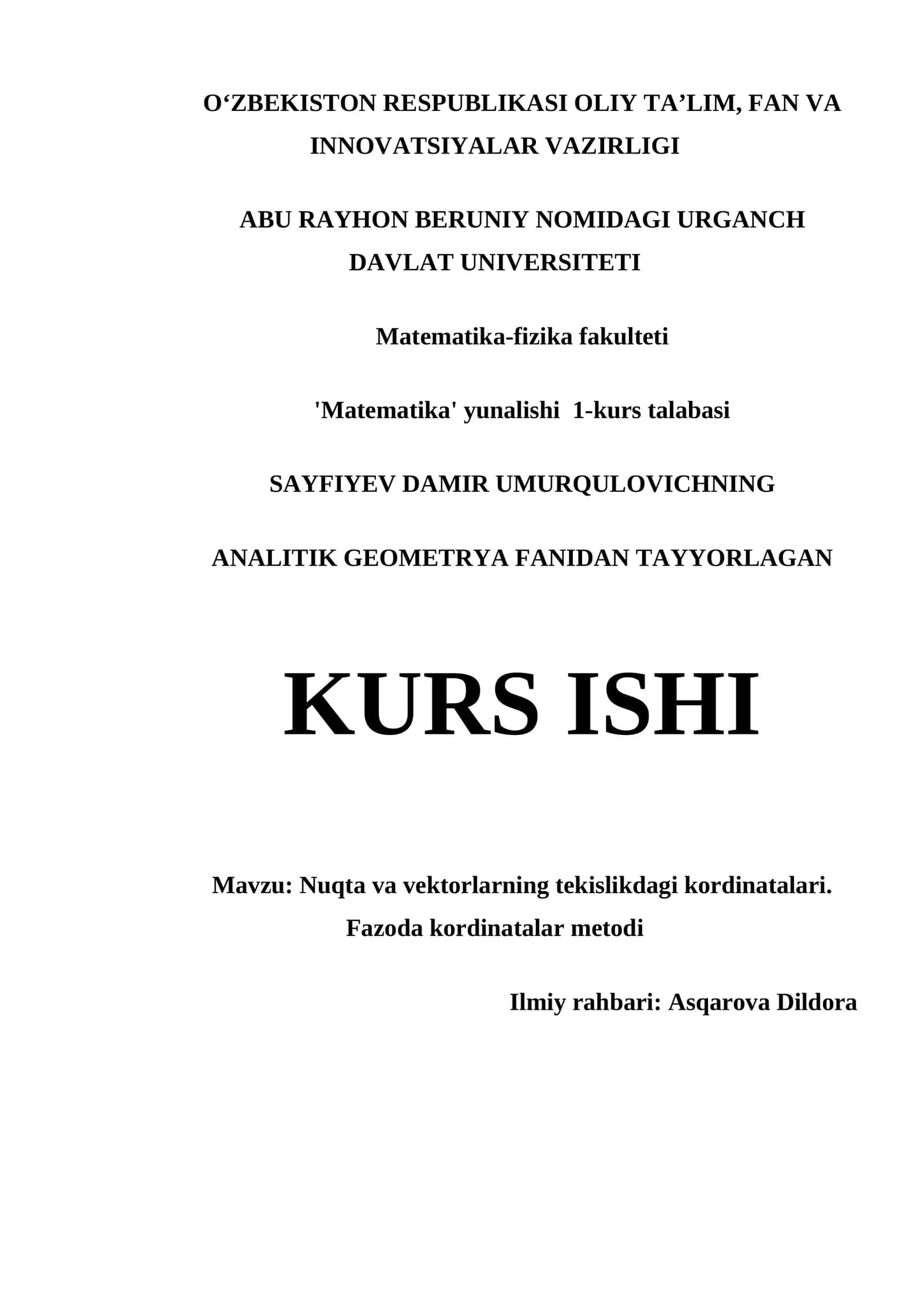 Nuqta va vektorlarning tekislikdagi kordinatalari. Fazoda kordinatalar metodi 1