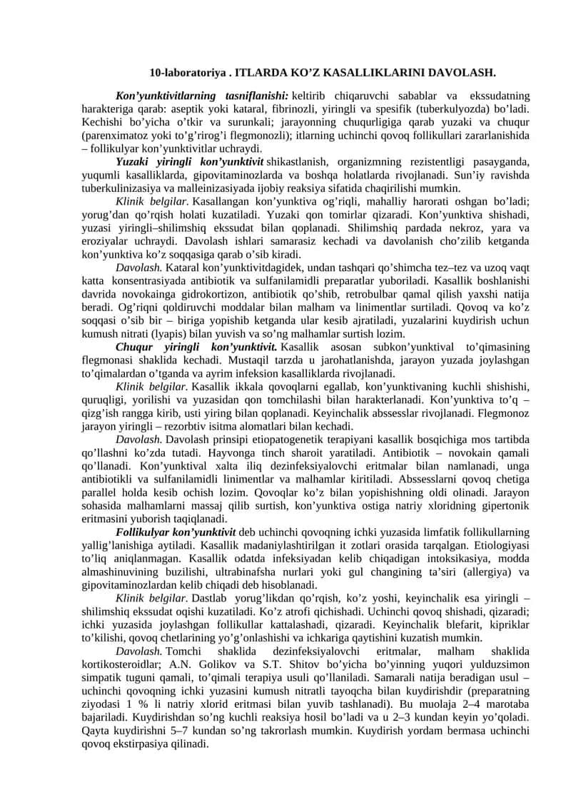 10-laboratoriya. ITLARDA KO’Z KASALLIKLARINI DAVOLASH 1