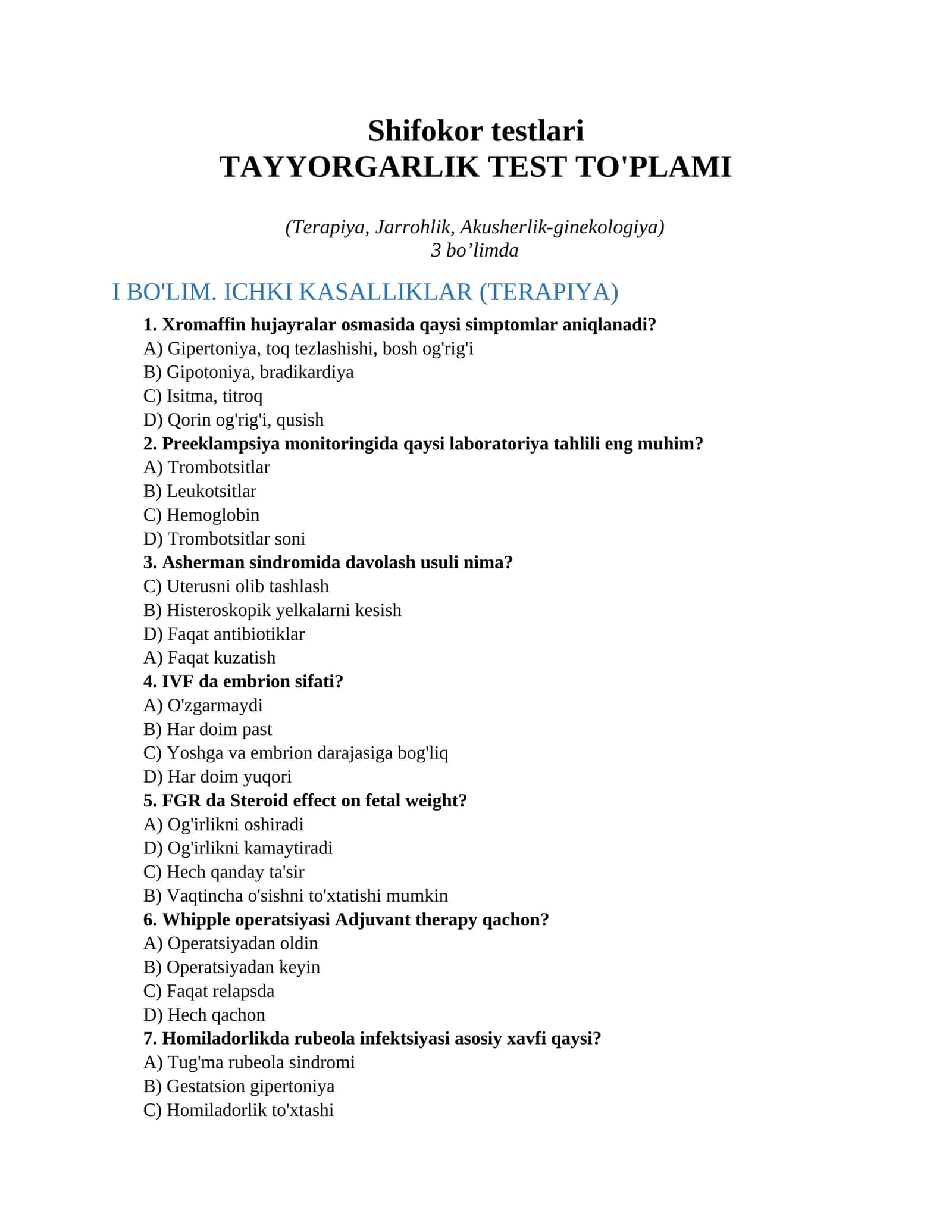 Shifokor testlari 1