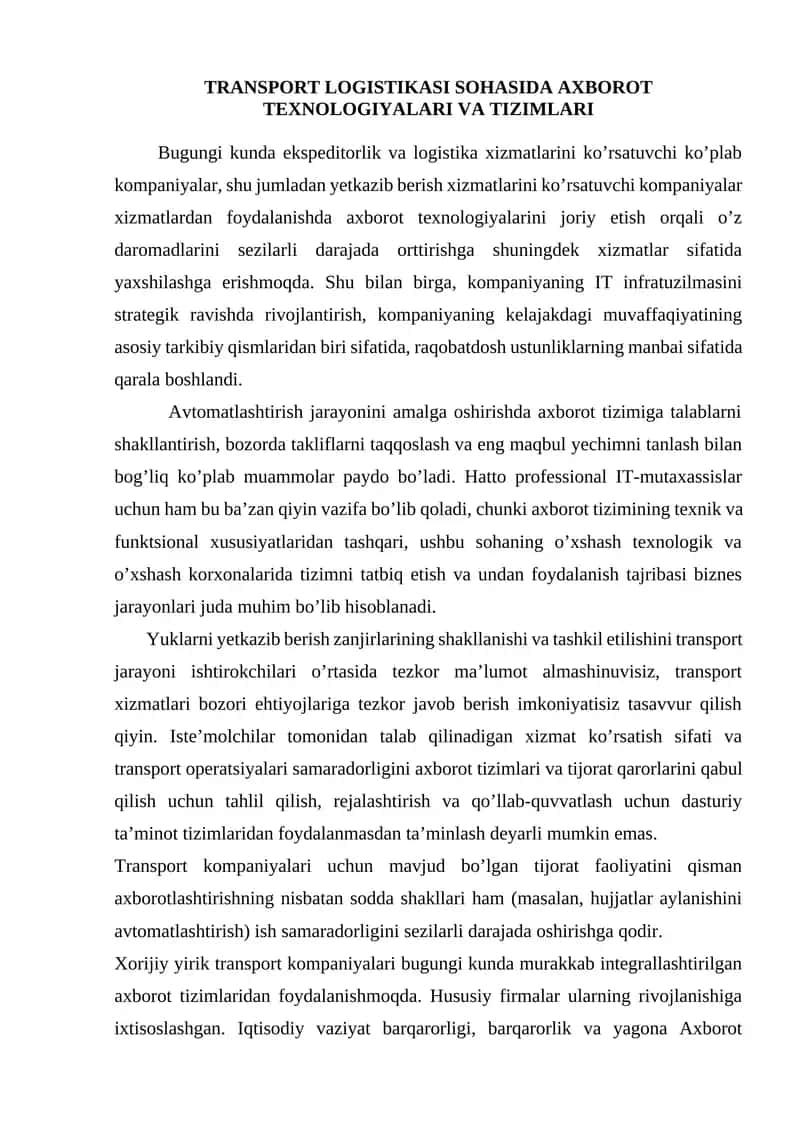 Transport logistikasi sohasida axborot texnologiyalari va tizimlari 1