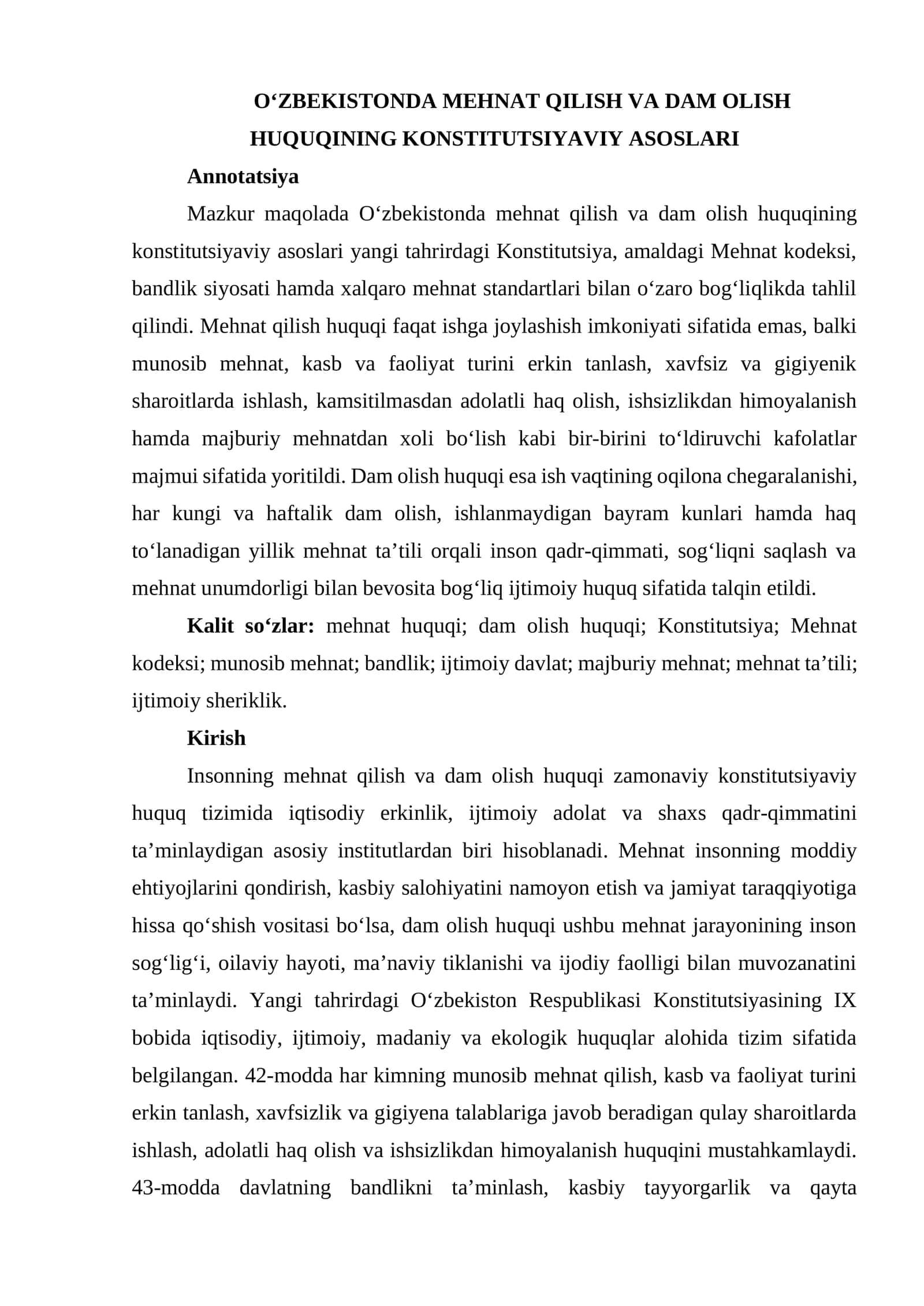 OʻZBEKISTONDA MEHNAT QILISH VA DAM OLISH HUQUQINING KONSTITUTSIYAVIY ASOSLARI 1