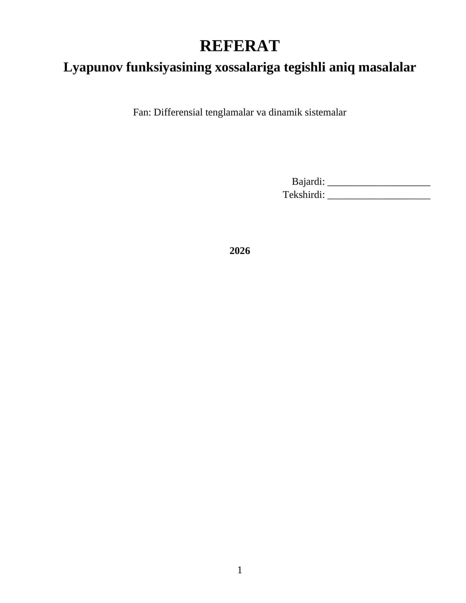 Lyapunov funksiyasining xossalariga tegishli aniq masalalar 1