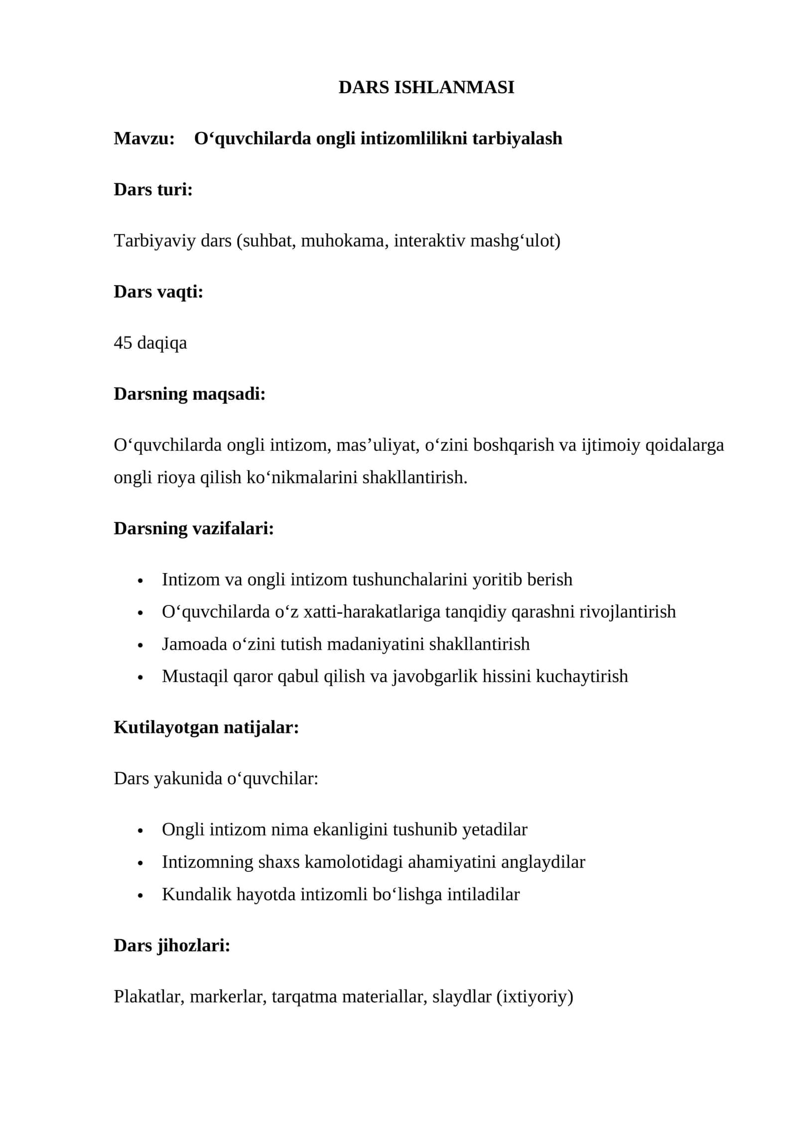 Mavzu: O‘quvchilarda ongli intizomlilikni tarbiyalash 1
