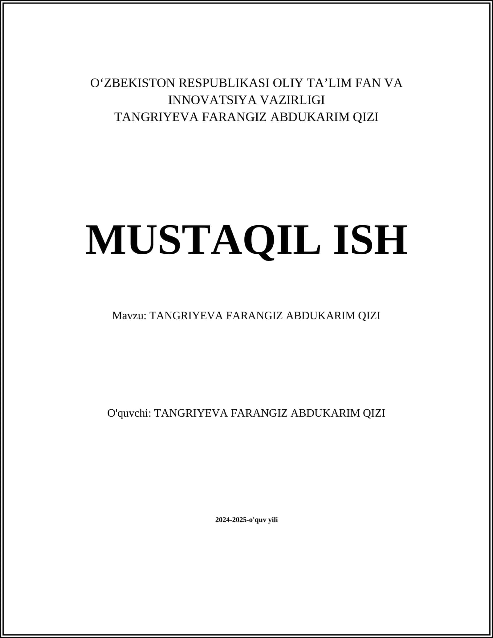 TANGRIYEVA FARANGIZ ABDUKARIM QIZI 1
