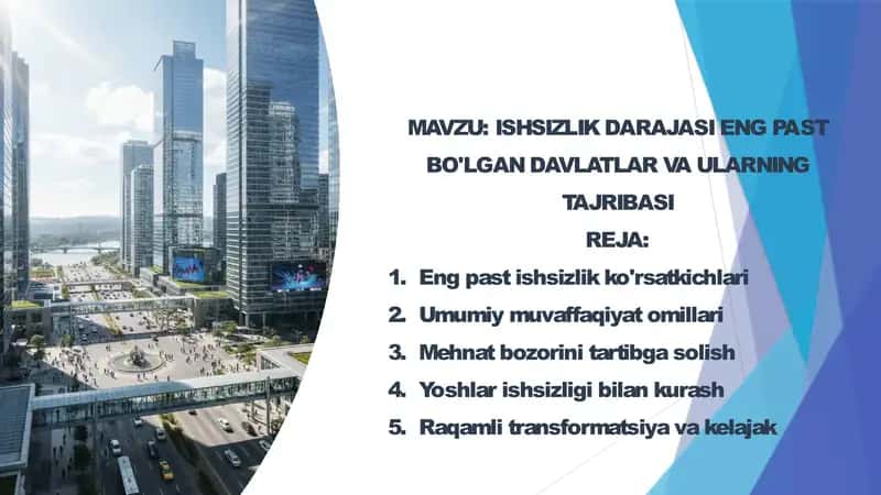 ISHSIZLIK DARAJASI ENG PAST BO'LGAN DAVLATLAR VA ULARNING TAJRIBASI 1