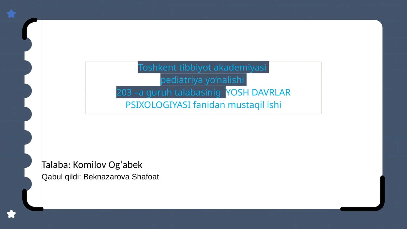 Toshkent Tibbiyot Akademiyasi Pediatriya Yo'nalishi 1