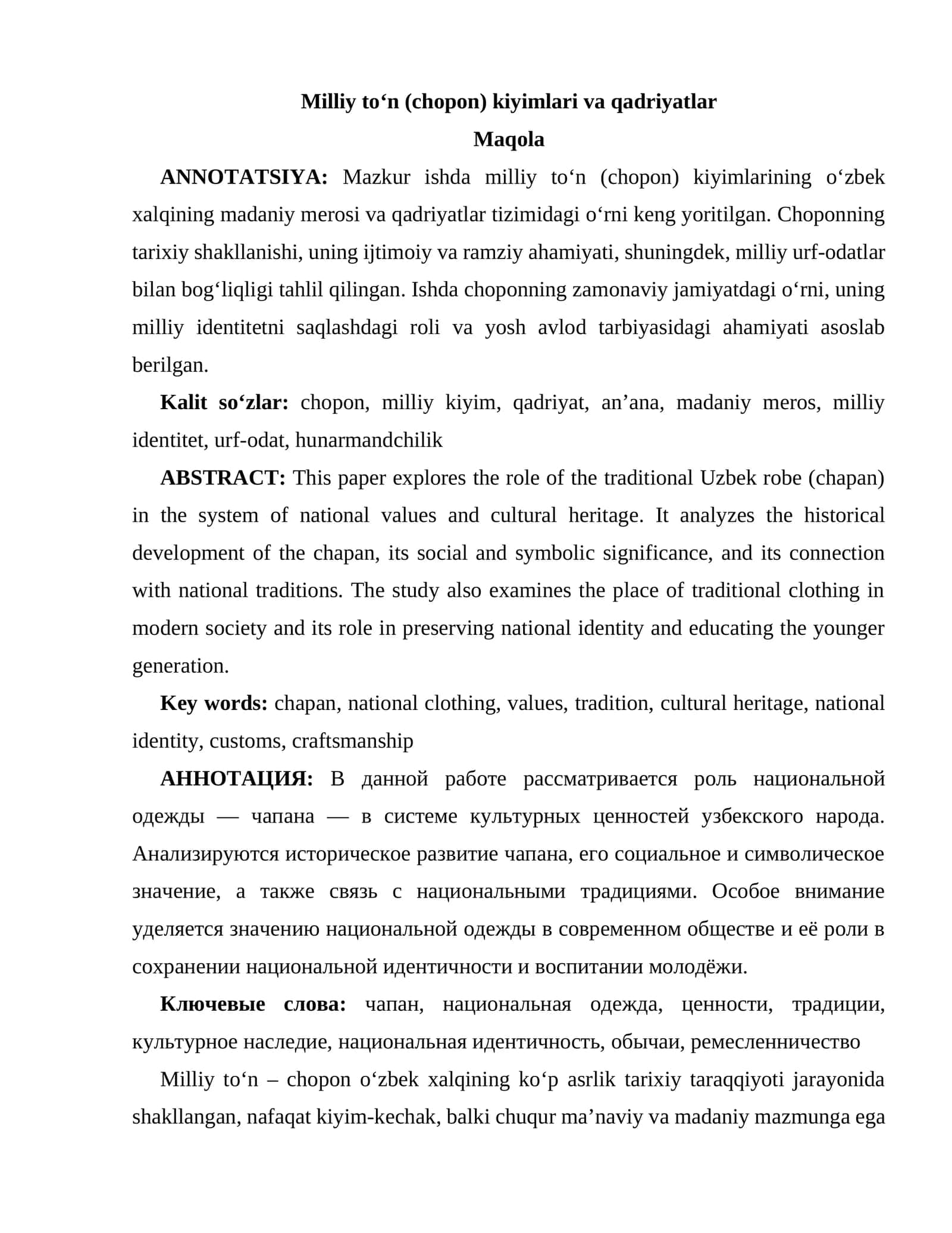 Milliy toʻn (chopon) kiyimlari va qadriyatlar 1