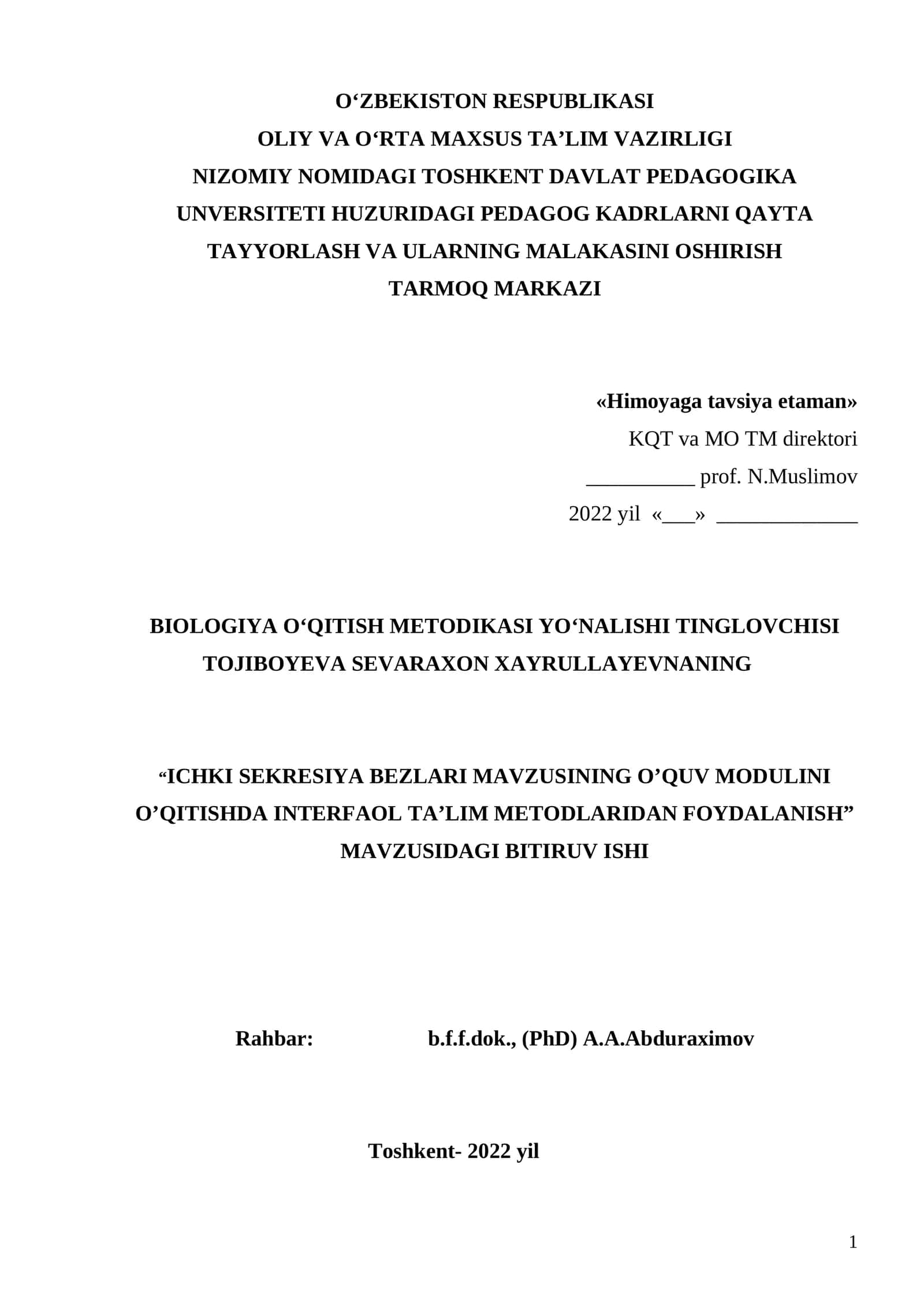 BIOLOGIYA O‘QITISH METODIKASI YO‘NALISHI 1
