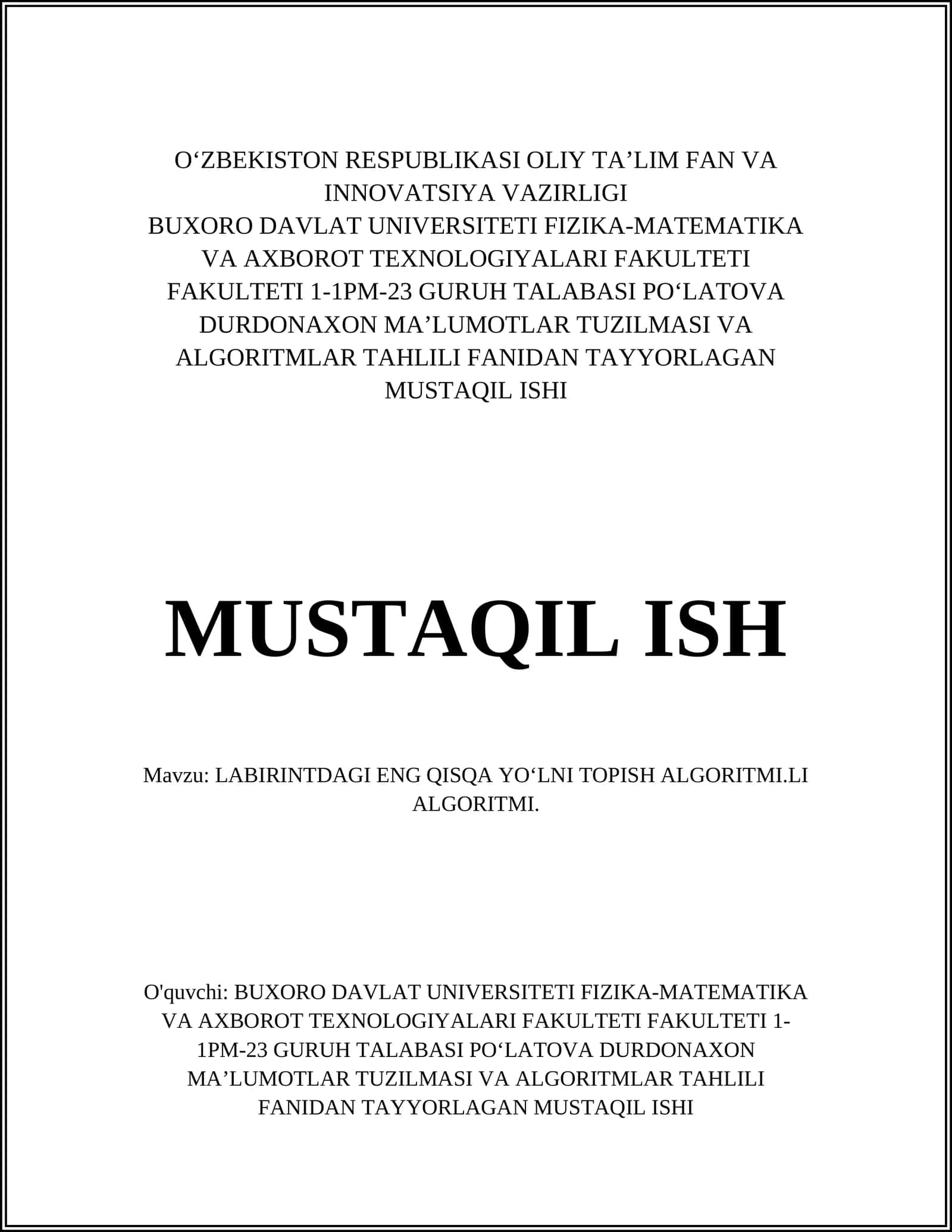 LABIRINTDAGI ENG QISQA YOʻLNI TOPISH ALGORITMI 1