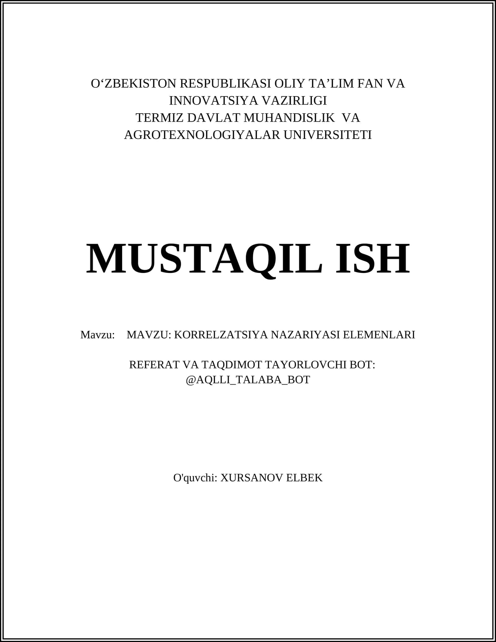 KORRELZATSIYA NAZARIYASI ELEMENLARI 1