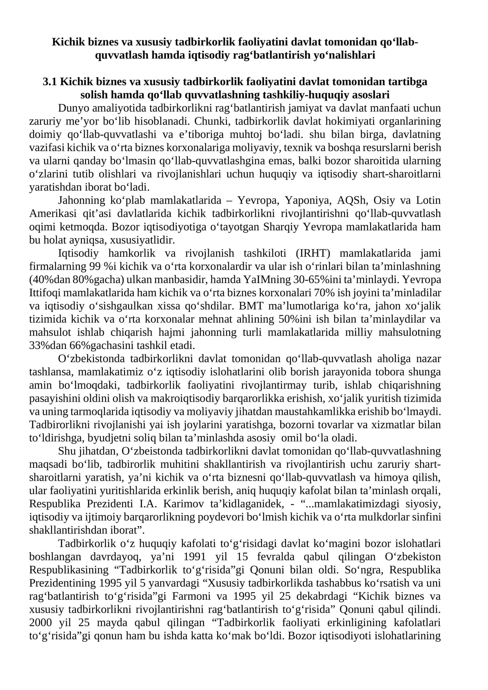 Kichik biznes va xususiy tadbirkorlik faoliyatini davlat tomonidan qo‘llab-quvvatlash hamda iqtisodiy rag‘batlantirish yo‘nalishlari 1