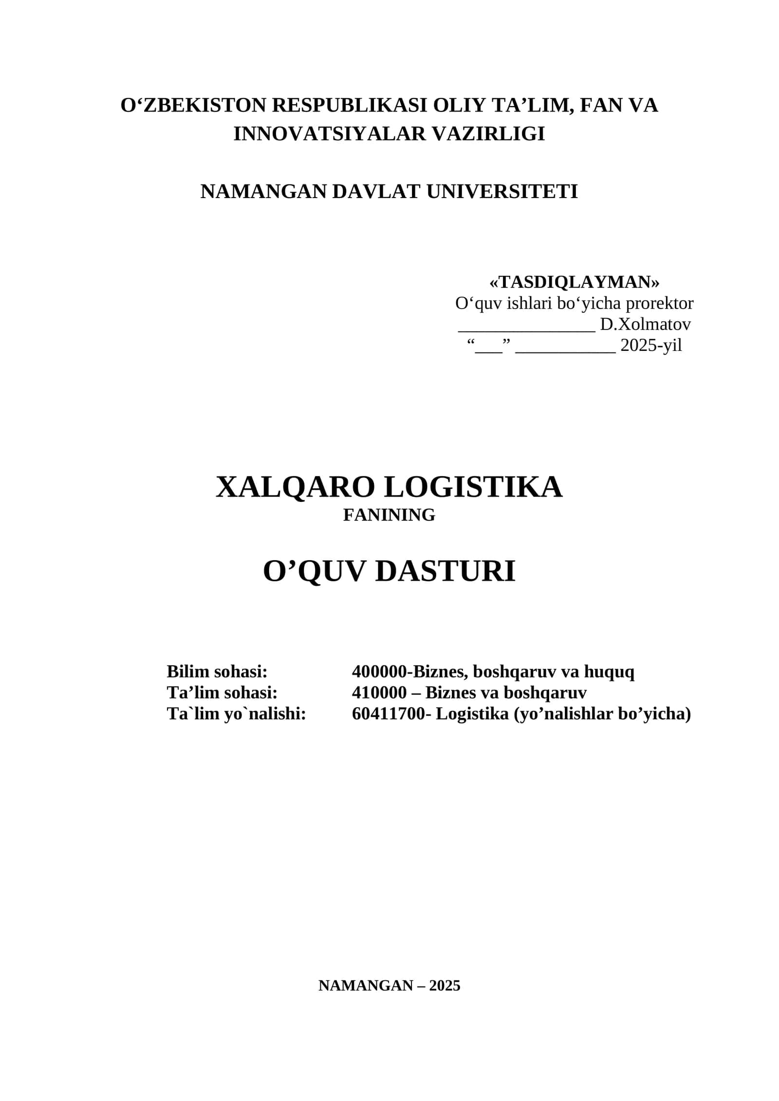 Xalqaro Logistika Fanining O'quv Dasturi 1