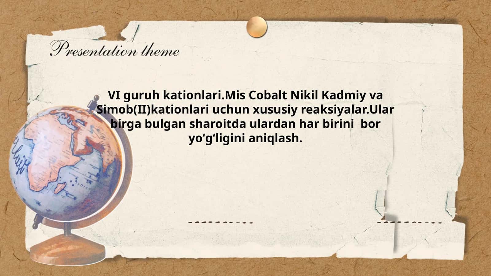 VI guruh kationlari.Mis Cobalt Nikil Kadmiy va Simob(II)kationlari uchun xususiy reaksiyalar.Ular birga bulgan sharoitda ulardan har birini bor yoʻgʻligini aniqlash 1