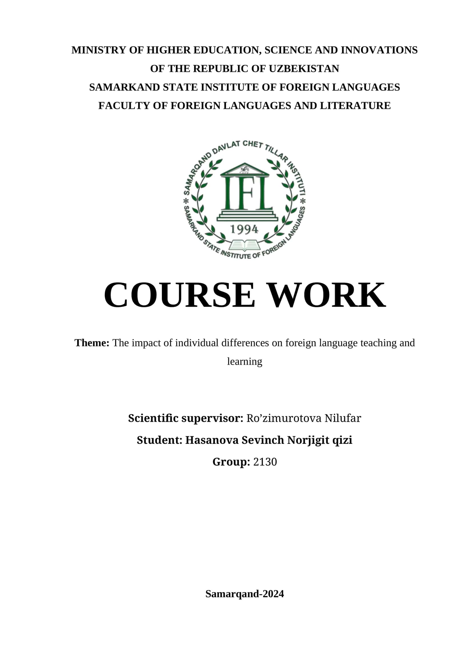 The impact of individual differences on foreign language teaching and learning 1