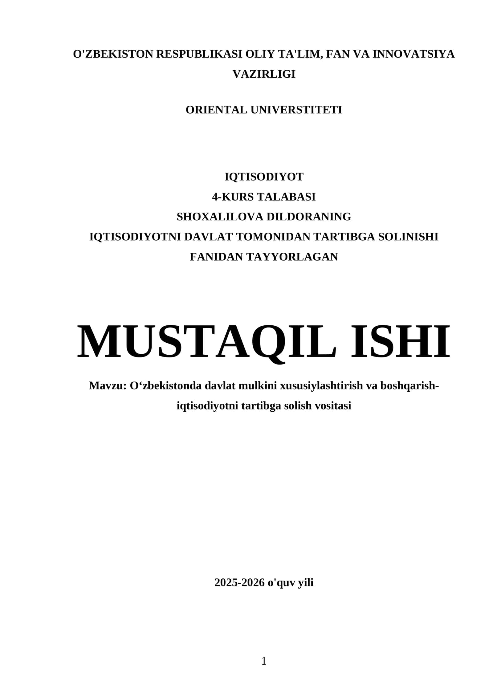 O'zbekistonda davlat mulkini xususiylashtirish va boshqarish-iqtisodiyotni tartibga solish vositasi 1