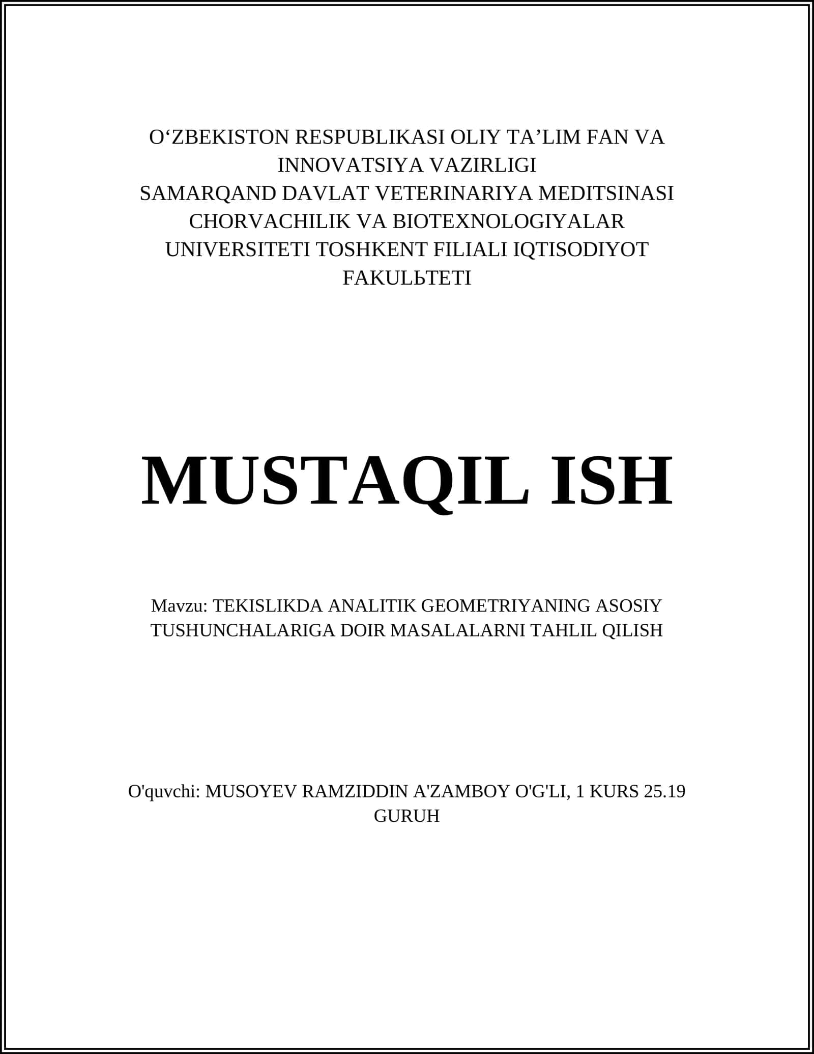 TEKISLIKDA ANALITIK GEOMETRIYANING ASOSIY TUSHUNCHALARIGA DOIR MASALALARNI TAHLIL QILISH 1