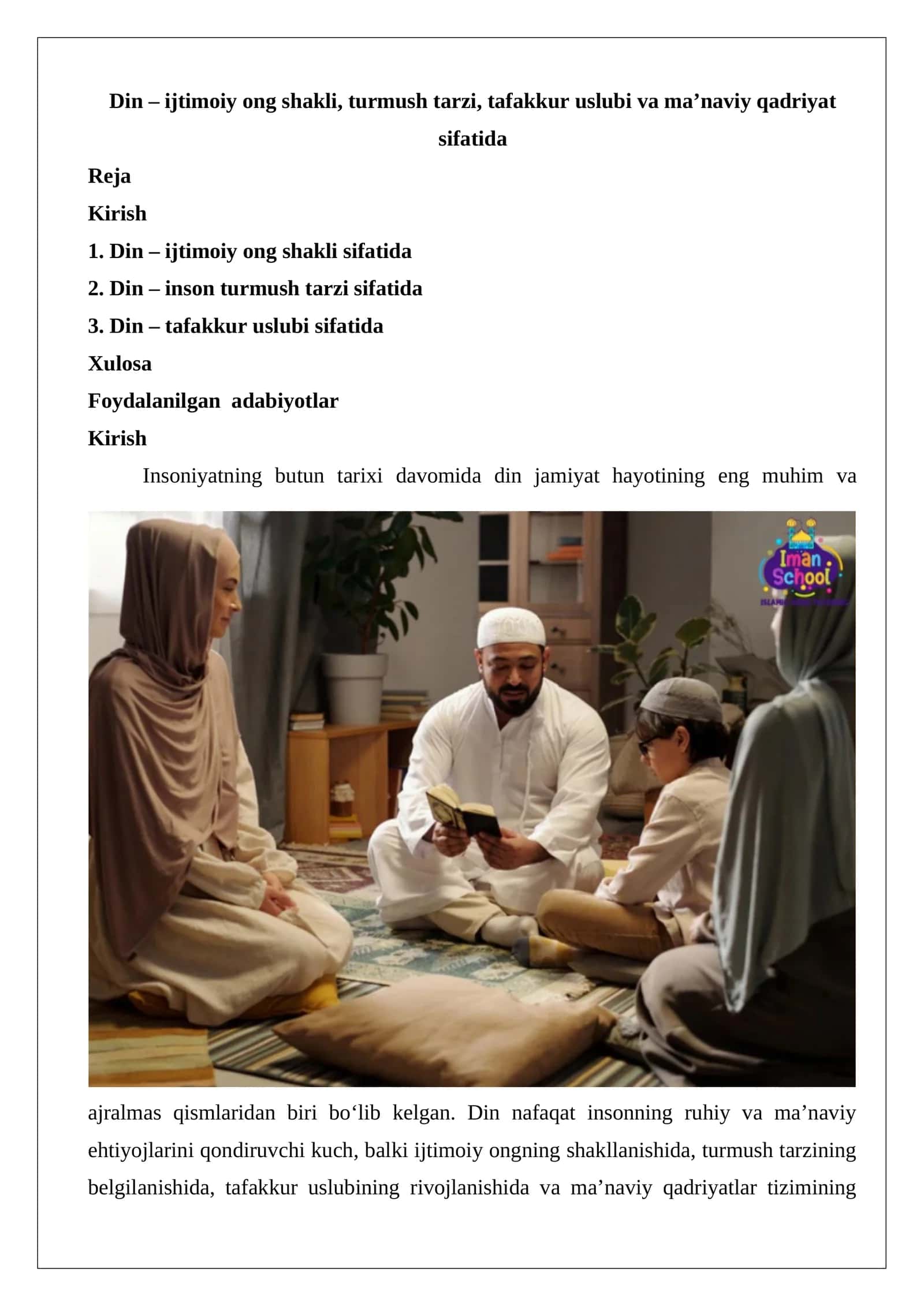 Din – ijtimoiy ong shakli, turmush tarzi, tafakkur uslubi va ma’naviy qadriyat sifatida 1