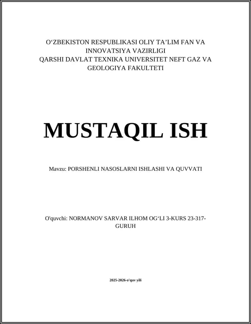 PORSHENLI NASOSLARNI ISHLASHI VA QUVVATI 1