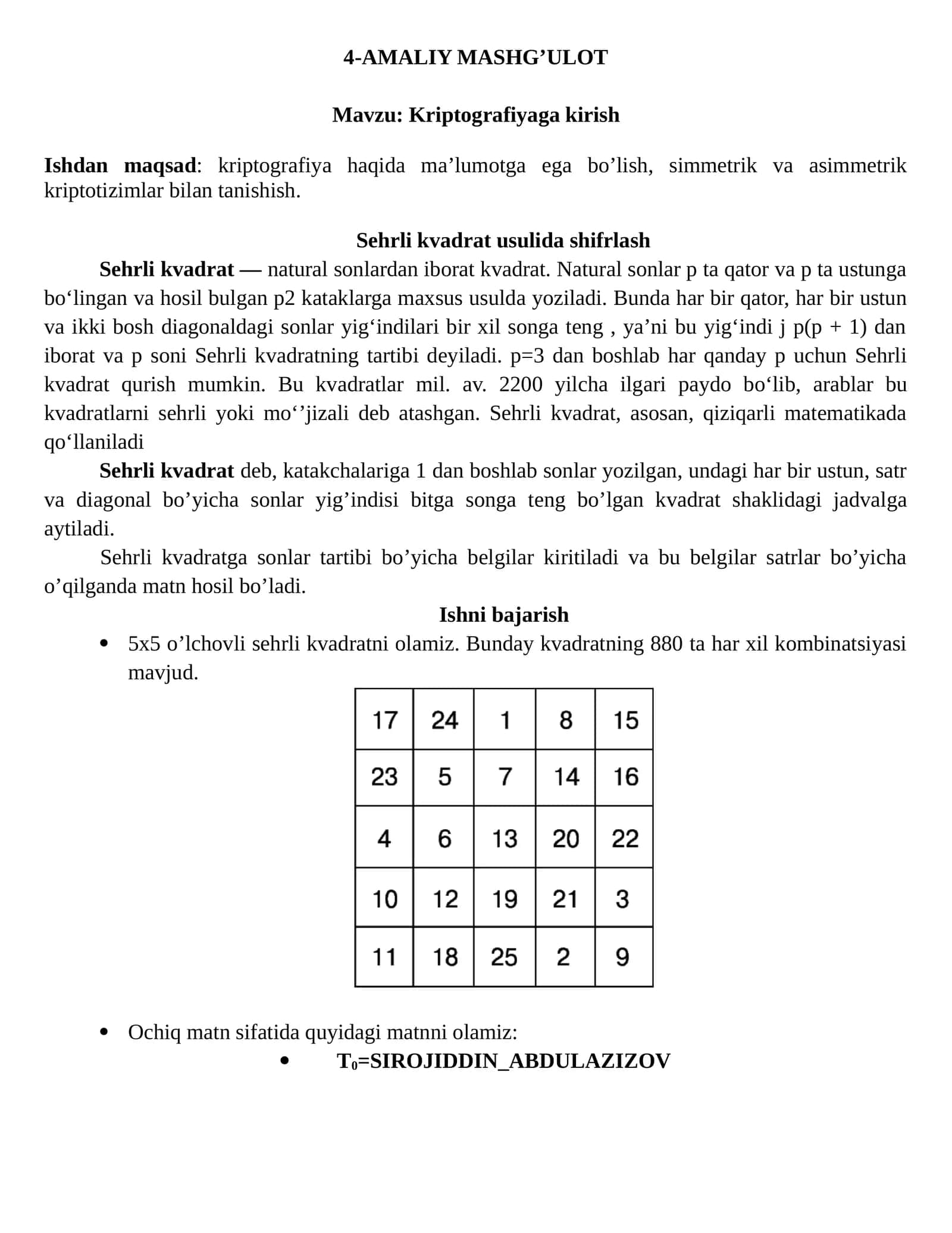 Sehrli kvadrat usulida shifrlash 1