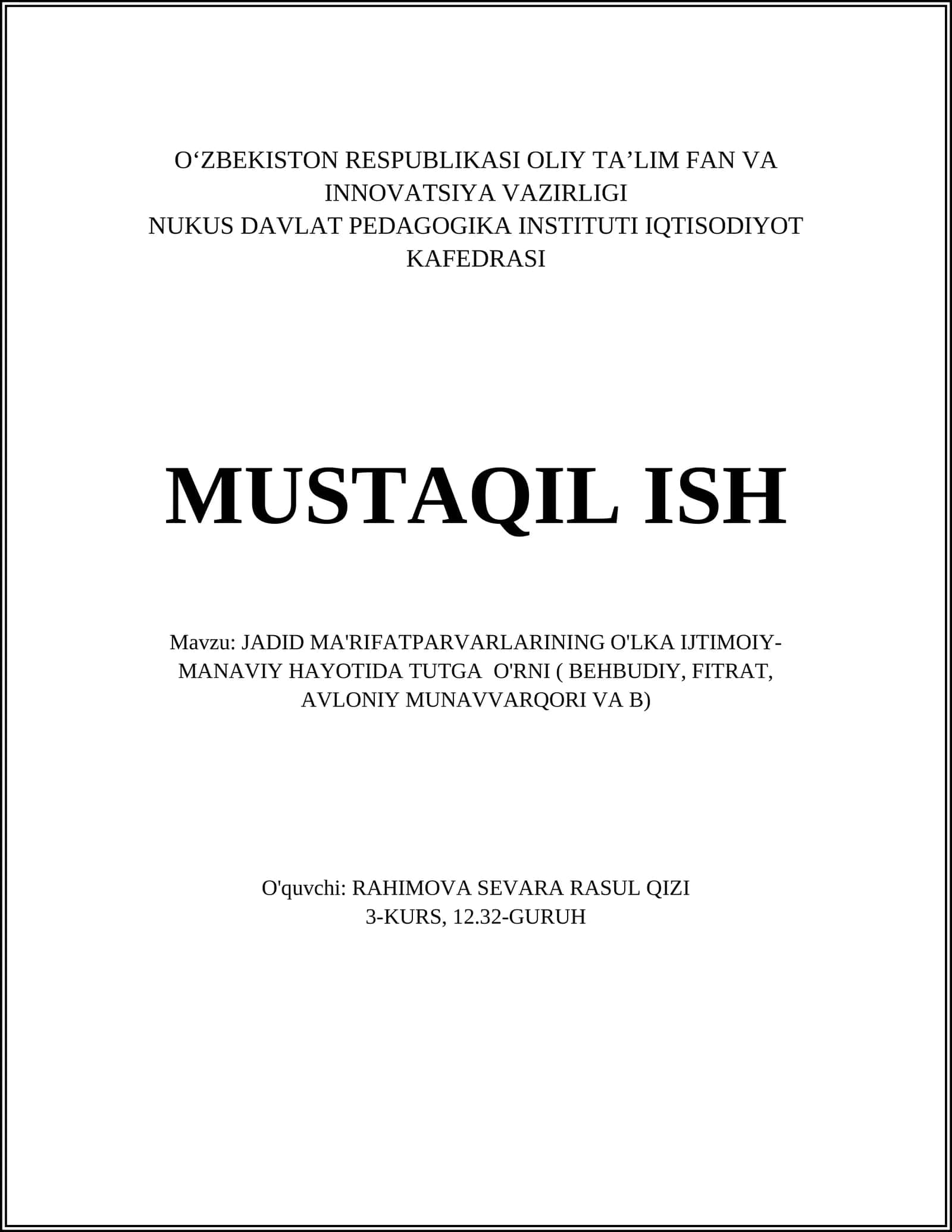 JADID MA'RIFATPARVARLARINING O'LKA IJTIMOIY-MANAVIY HAYOTIDA TUTGA O'RNI ( BEHBUDIY, FITRAT, AVLONIY MUNAVVARQORI VA B) 1