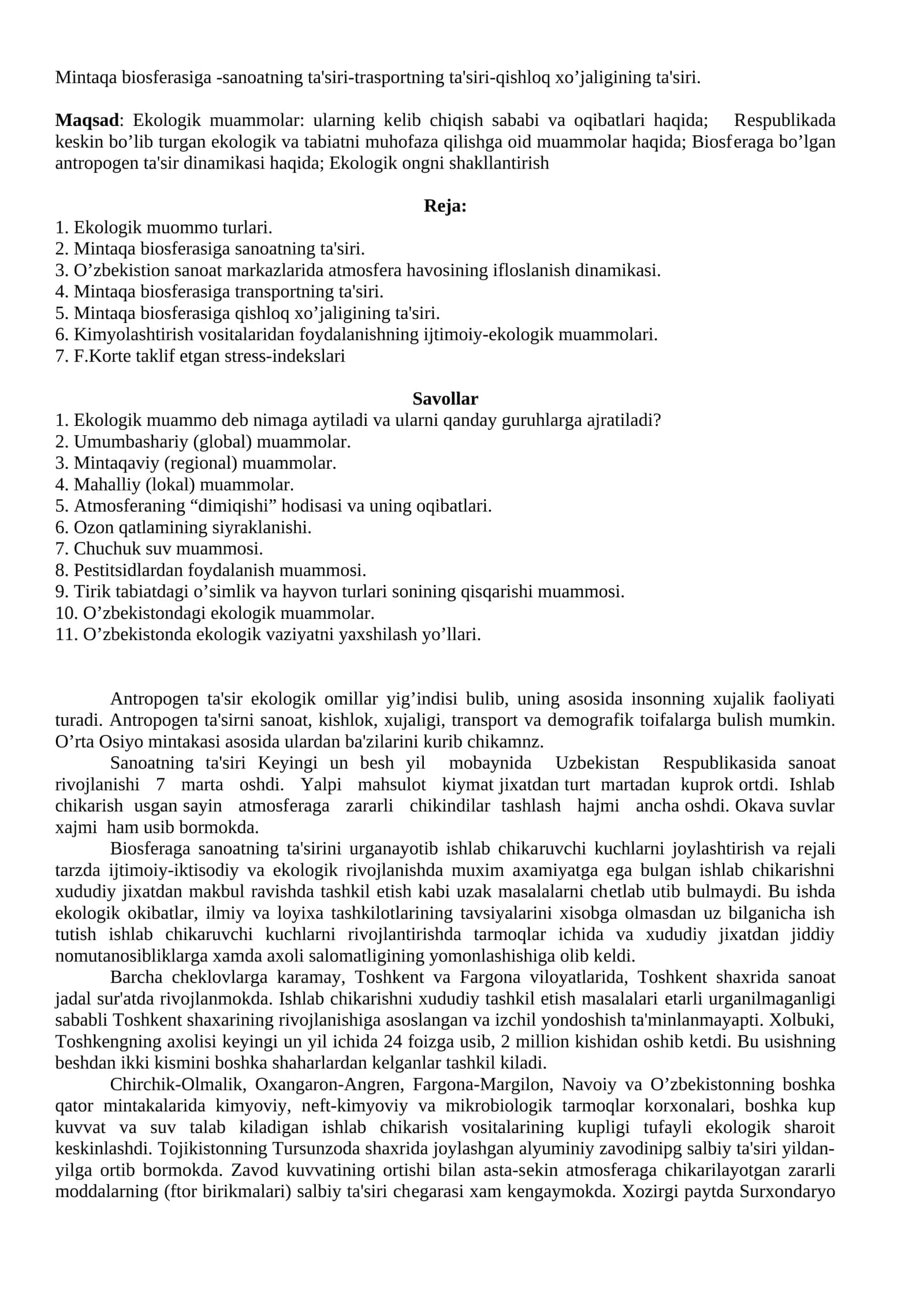 Mintaqa biosfеrasiga -sanoatning ta'siri-trasportning ta'siri-qishloq xo’jaligining ta'siri 1