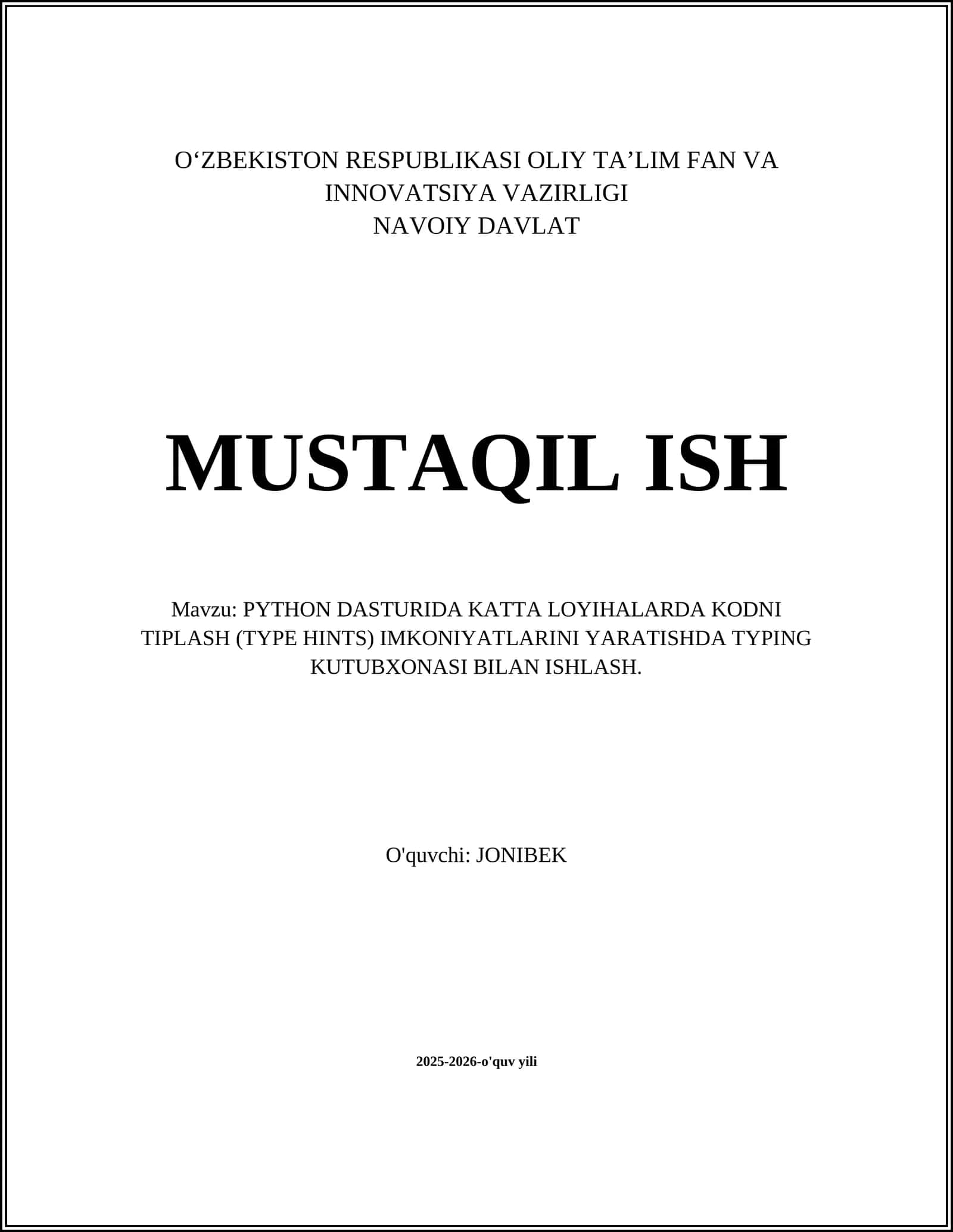 PYTHON DASTURIDA KATTA LOYIHALARDA KODNI TIPLASH (TYPE HINTS) IMKONIYATLARINI YARATISHDA TYPING KUTUBXONASI BILAN ISHLASH 1