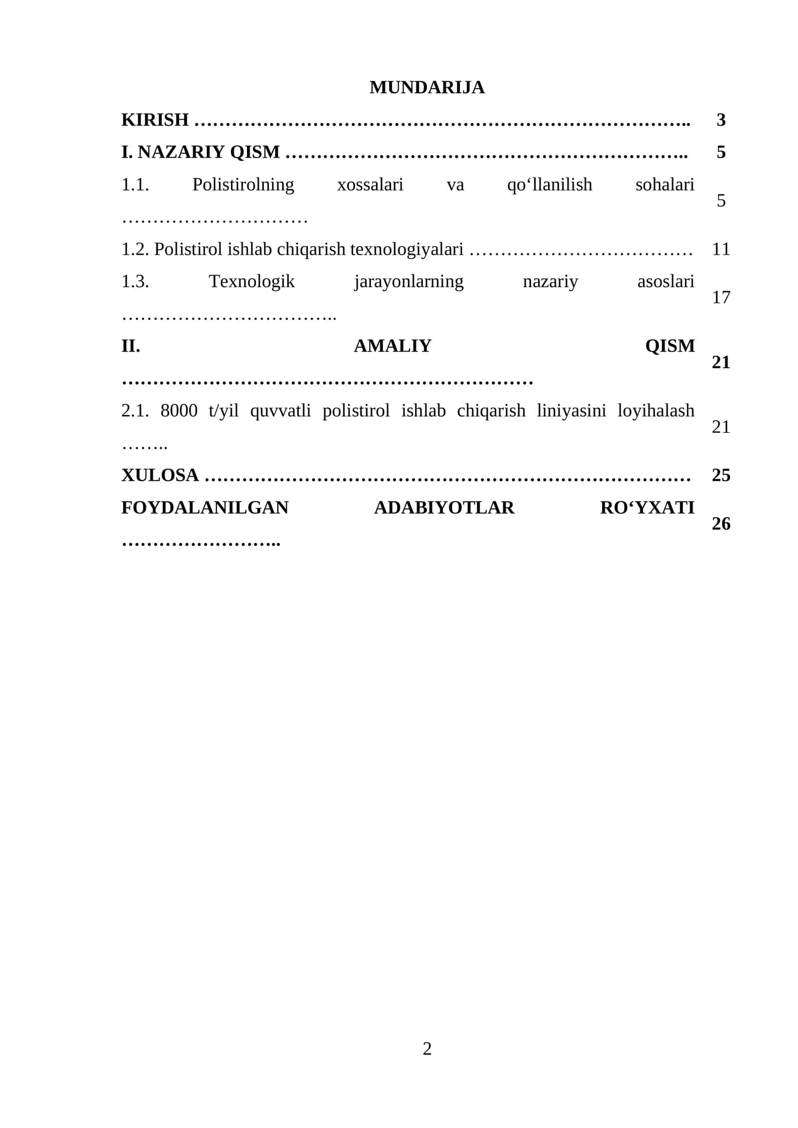 Quvvati Q=8000 t/yil boʻlgan polistirol ishlab chiqaradigan texnologik liniyasini loyihalash 1