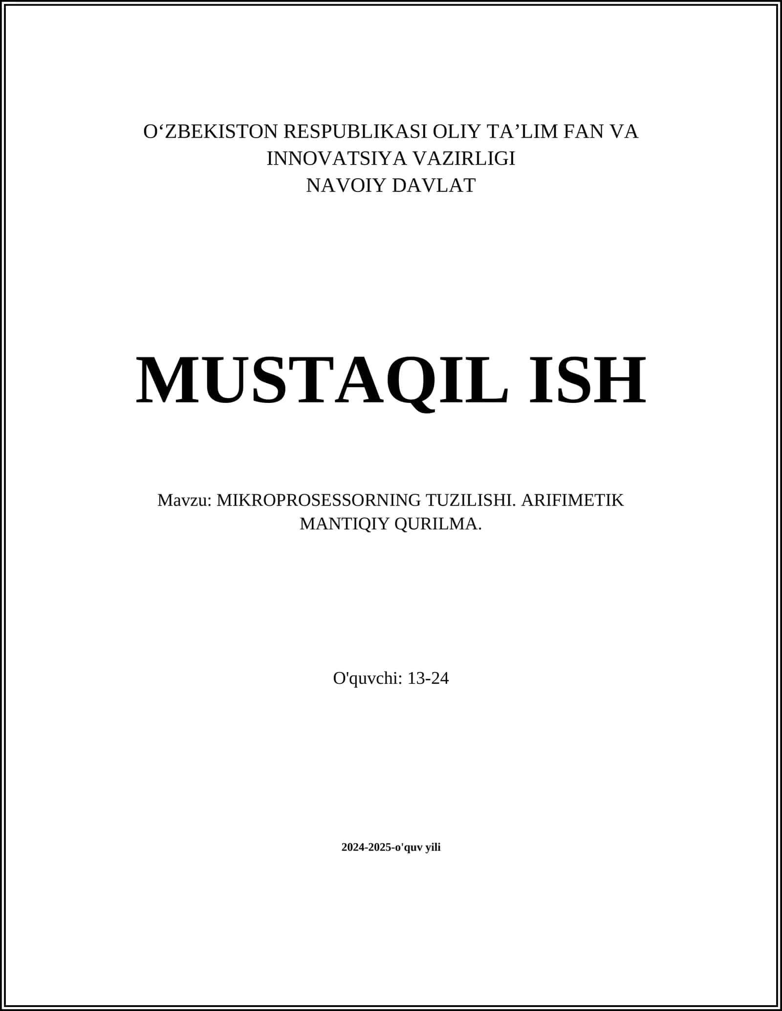 MIKROPROSESSORNING TUZILISHI. ARIFIMETIK MANTIQIY QURILMA 1