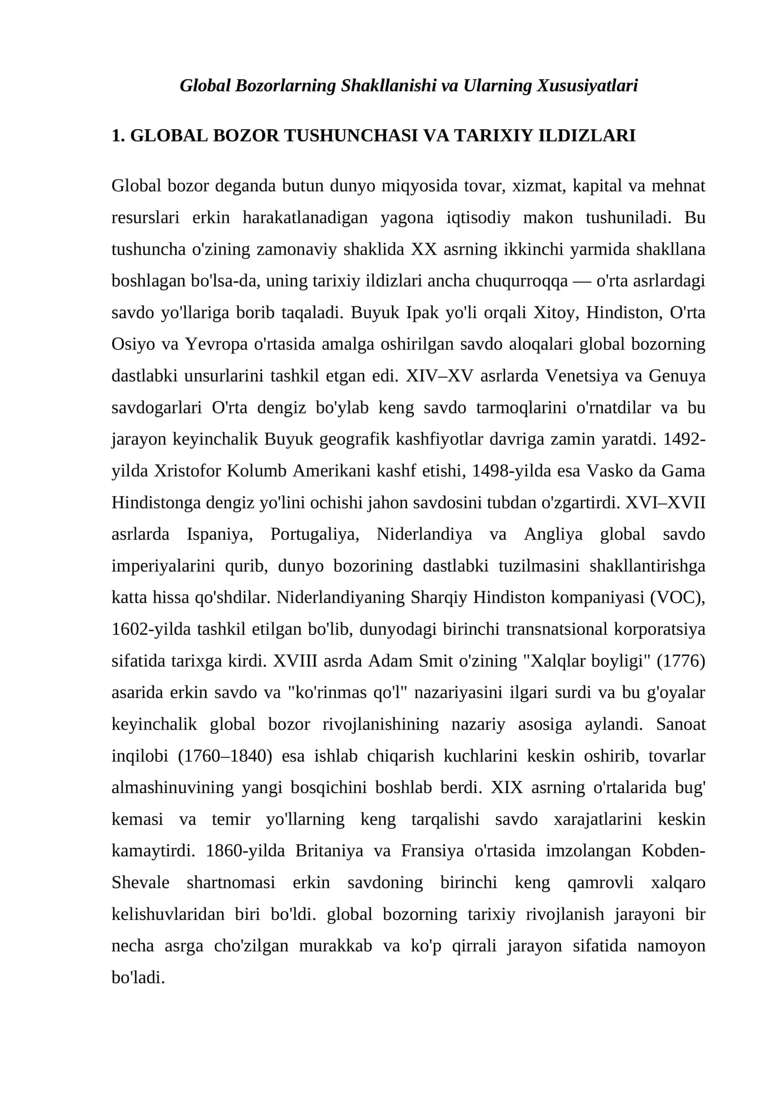 Global Bozorlarning Shakllanishi va Ularning Xususiyatlari  foydalanissh uchun asos 1