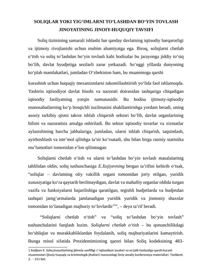 Soliqlar Yoki Yig‘imlarni To‘lashdan Bo‘yin To‘vlash Jinoiyatining Jinoiy-Huquqiy Tavsifi 1