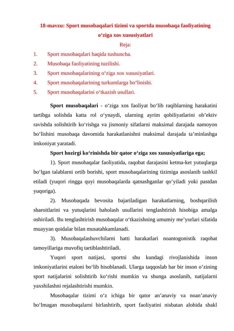 18-mavzu: Sport musobaqalari tizimi va sportda musobaqa faoliyatining o‘ziga xos xususiyatlari 1