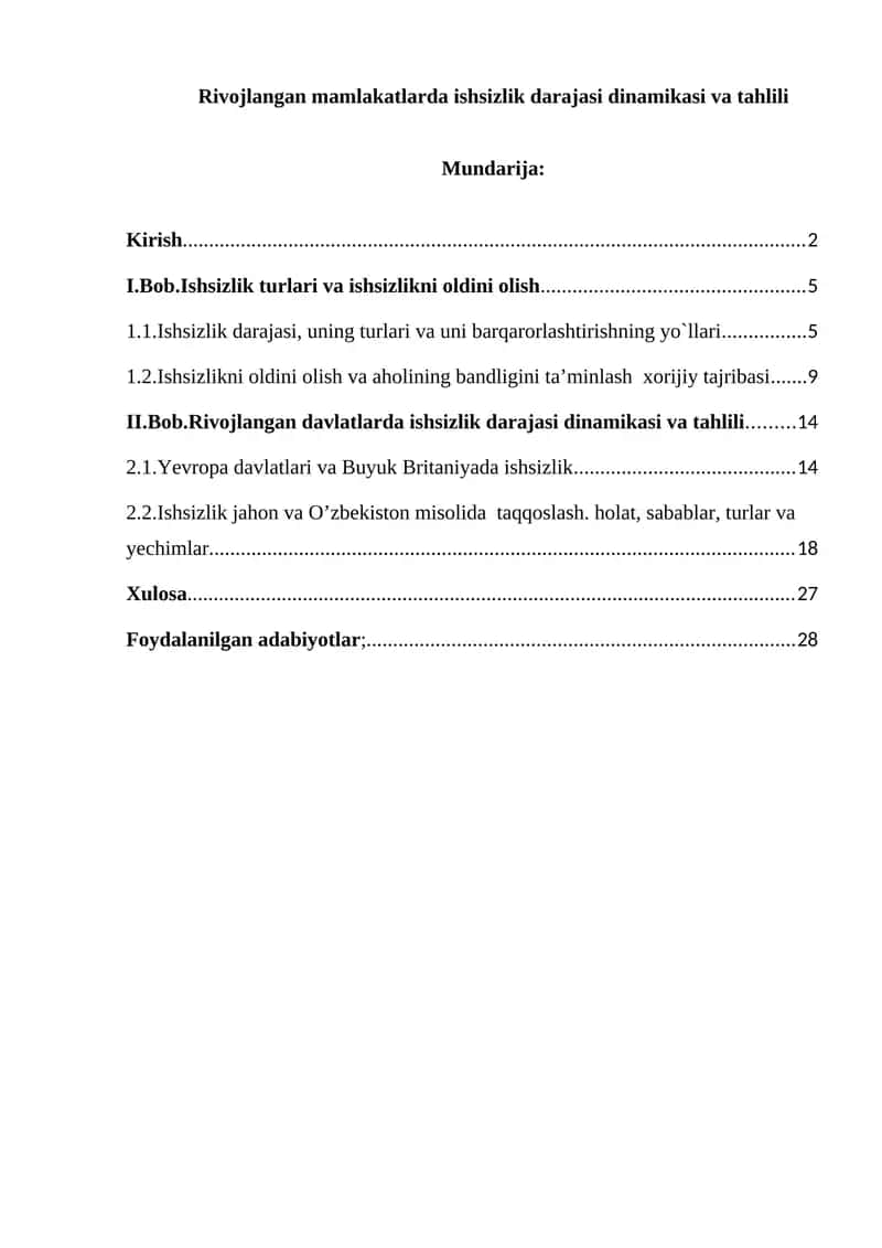 Rivojlangan mamlakatlarda ishsizlik darajasi dinamikasi va tahlili 1