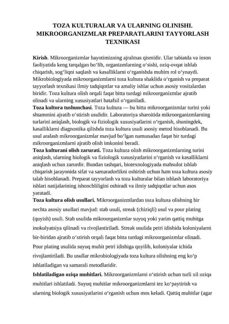 TOZA KULTURALAR VA ULARNING OLINISHI. MIKROORGANIZMLAR PREPARATLARINI TAYYORLASH TEXNIKASI