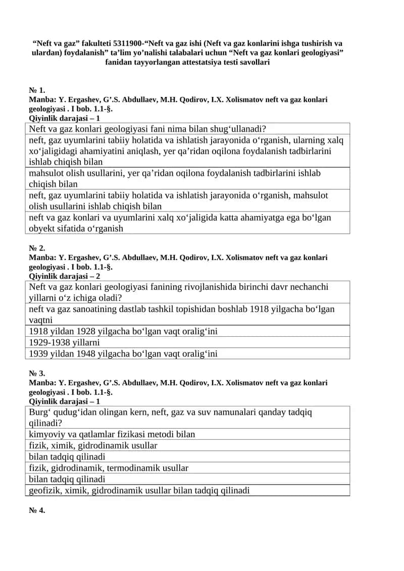 Neft va gaz konlari geologiyasi Attestatsiya testi savollari 1