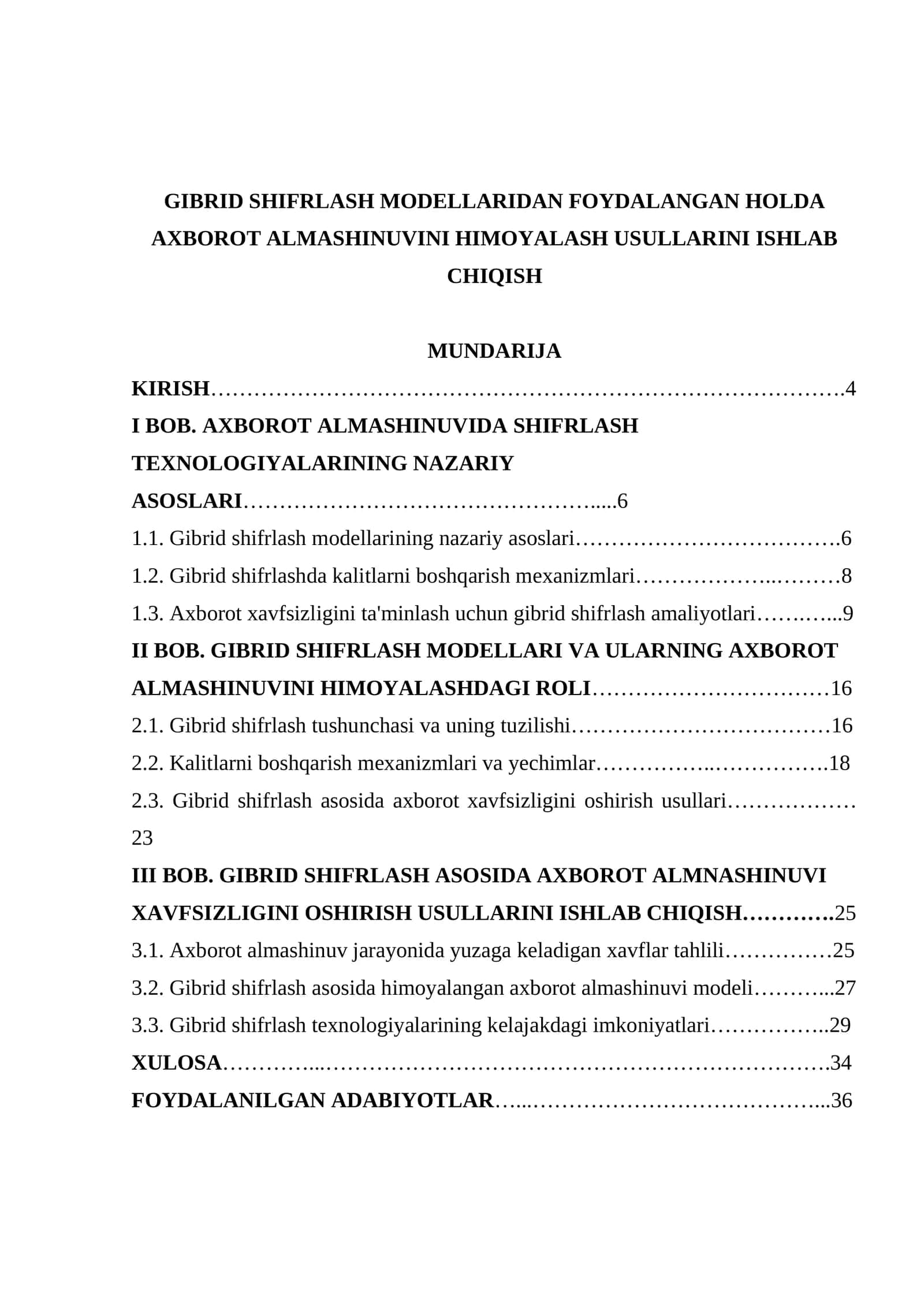 GIBRID SHIFRLASH MODELLARIDAN FOYDALANGAN HOLDA AXBOROT ALMASHINUVINI HIMOYALASH USULLARINI ISHLAB CHIQISH 1