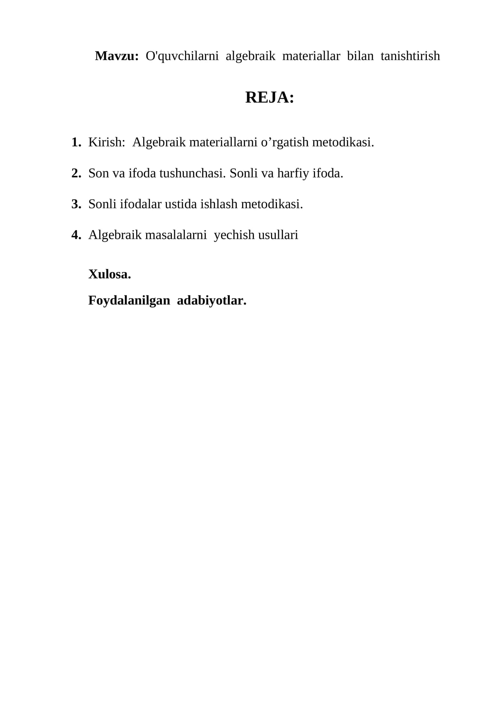 O'quvchilarni algebraik materiallar bilan tanishtirish 1