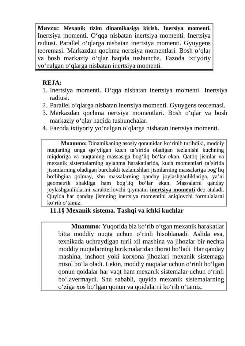 Mexanik tizim dinamikasiga kirish. Inersiya momenti. 1