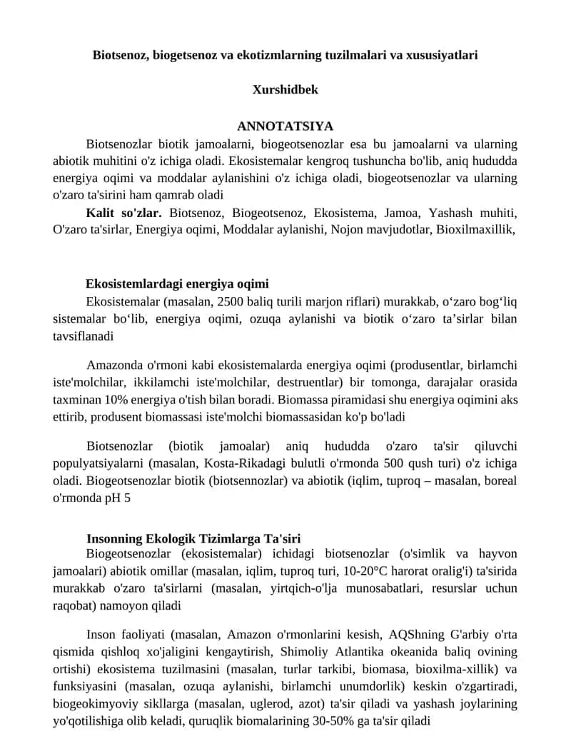 Biotsenoz, biogetsenoz va ekotizmlarning tuzilmalari va xususiyatlari 1