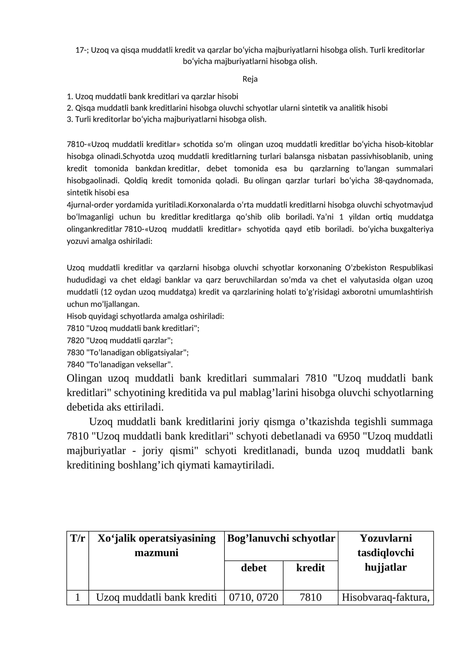 Uzoq va qisqa muddatli kredit va qarzlar bo‘yicha majburiyatlarni hisobga olish. Turli kreditorlar bo‘yicha majburiyatlarni hisobga olish 1
