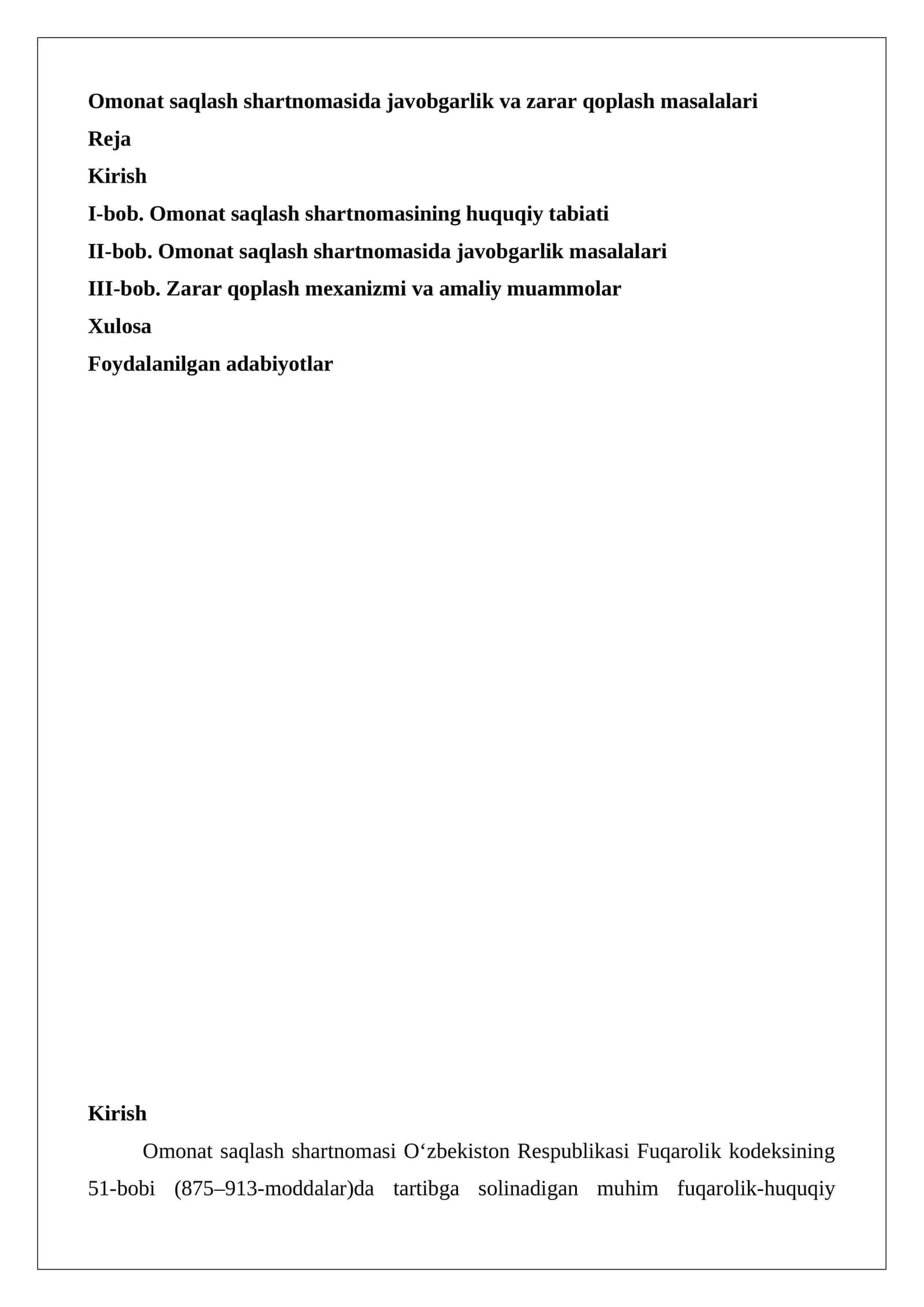 Omonat saqlash shartnomasida javobgarlik va zarar qoplash masalalari 1