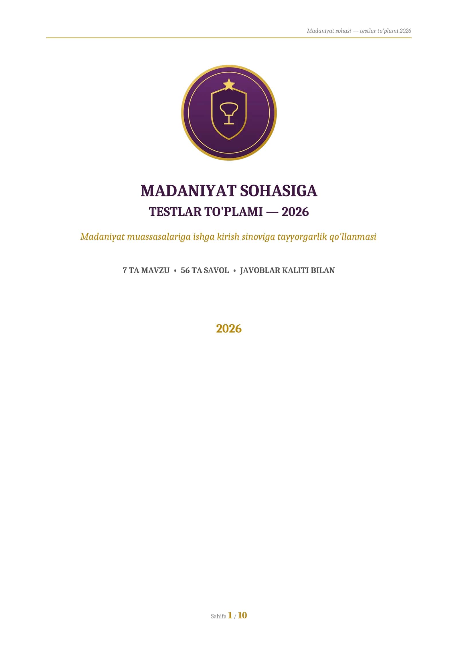 Madaniyat muassasalariga ishga kirish sinoviga tayyorgarlik testlari qo'llanmasi 1