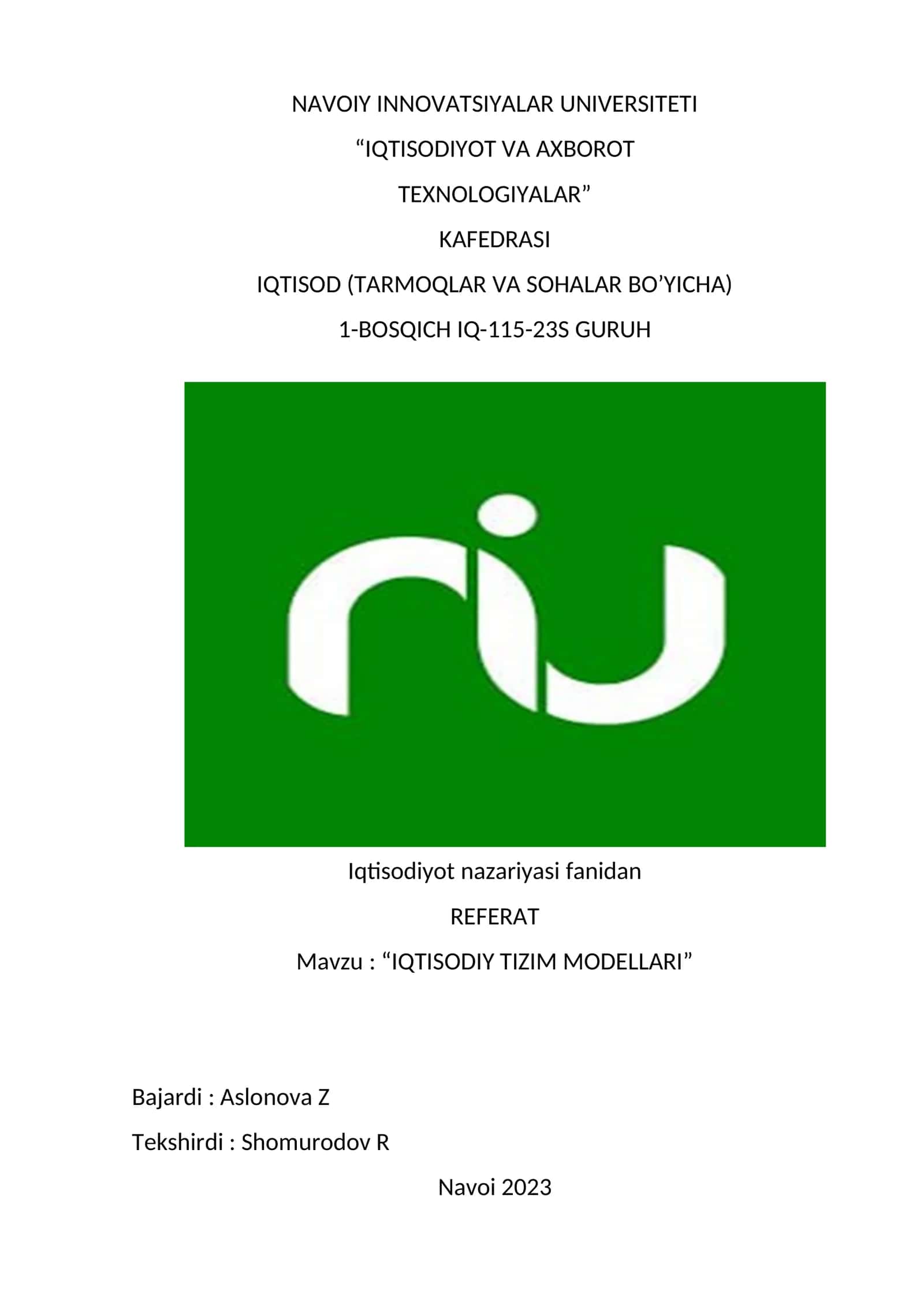 IQTISODIY TIZIM MODELLARI 1