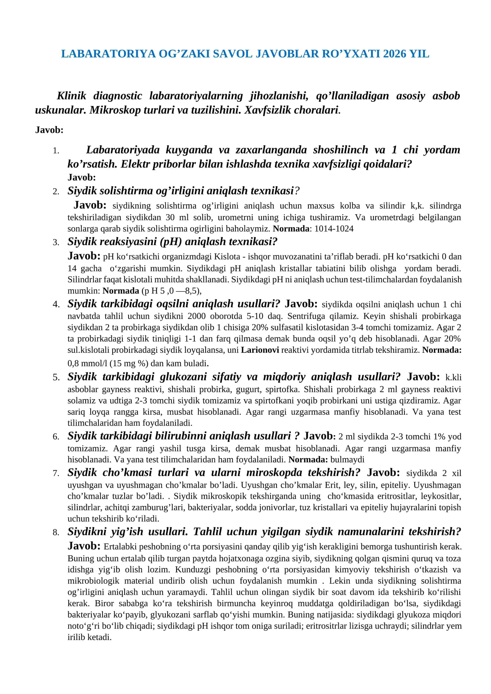 LABARATORIYA OG’ZAKI SAVOL JAVOBLAR RO’YXATI 2026 YIL 1