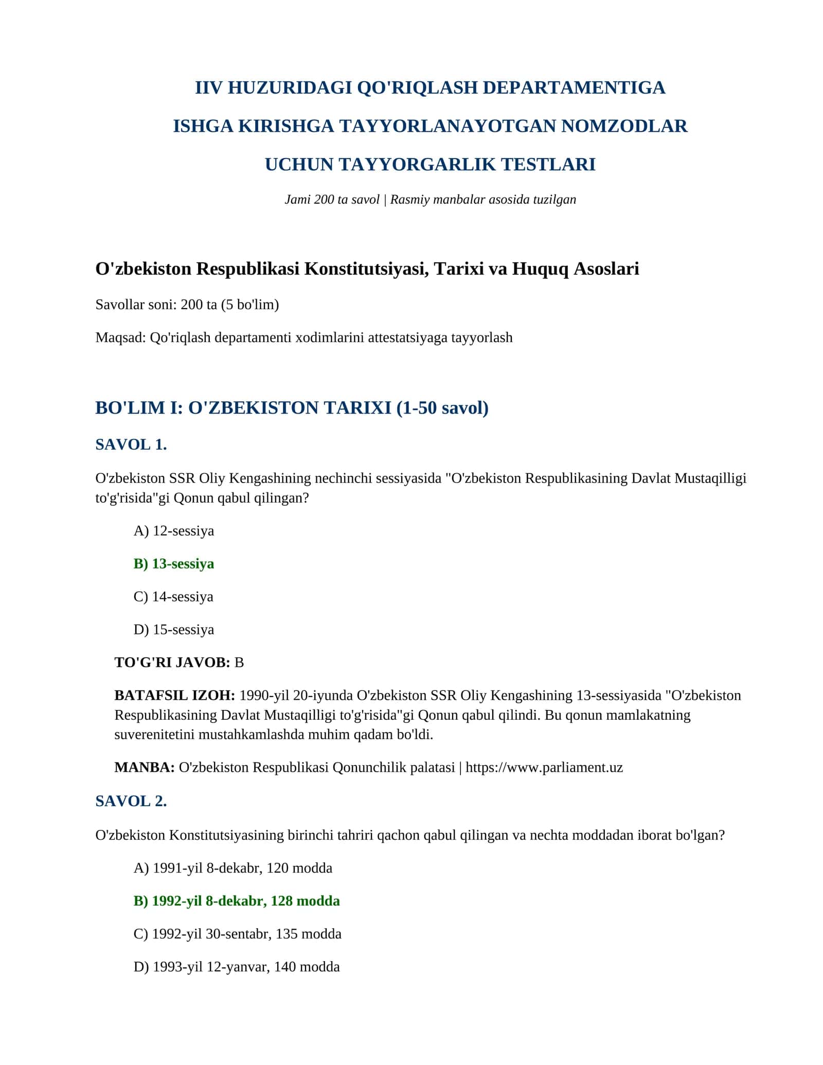 IIV HUZURIDAGI QO'RIQLASH DEPARTAMENTIGA ISHGA KIRISHGA TAYYORLANAYOTGAN NOMZODLAR UCHUN TAYYORGARLIK TESTLARI 1